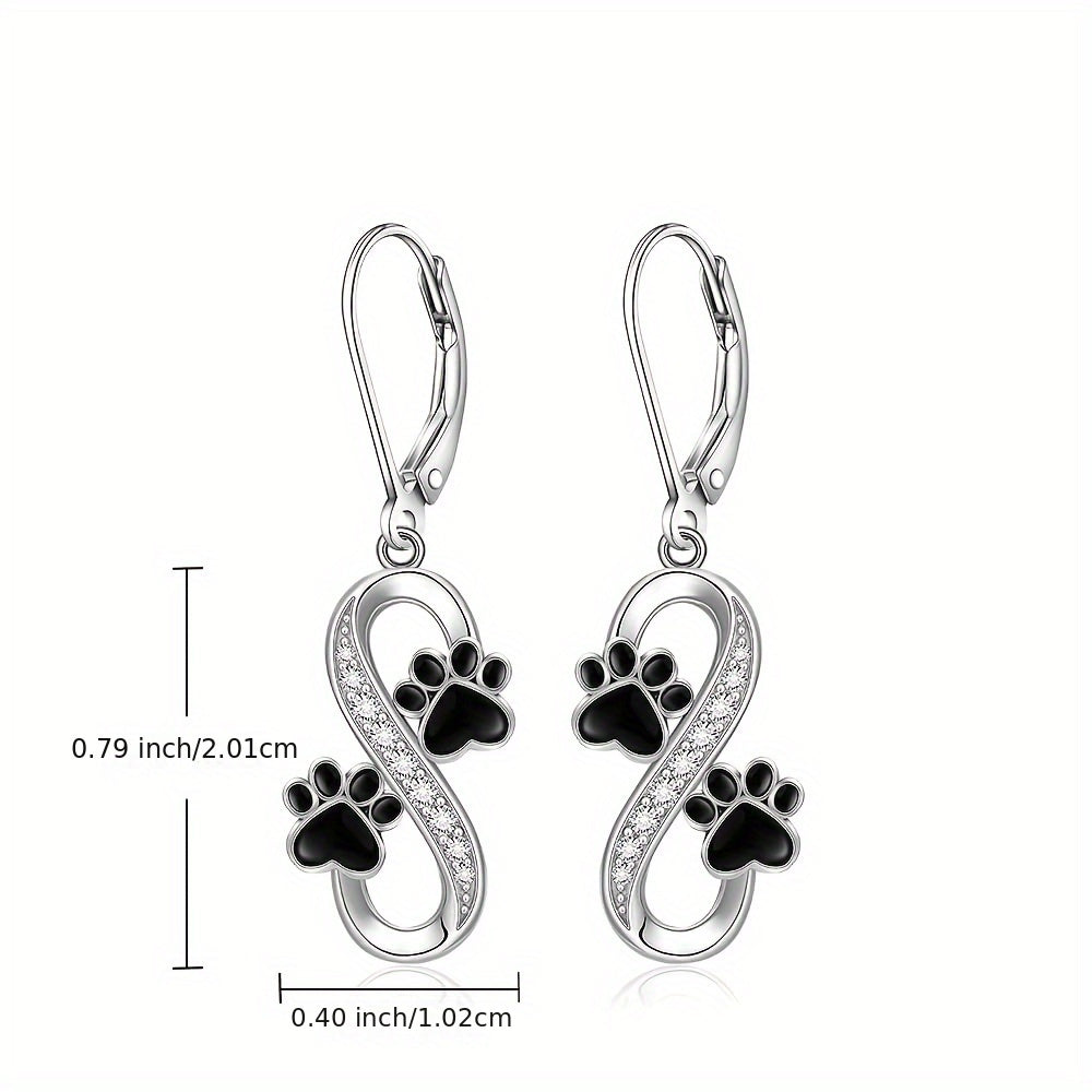 Sterling Silver Infinity Earrings - 925 Black Cat Paw Print Women's Memorial Jewelry Lover Gift - Valentine's Day Puppy Pet Paw Earrings