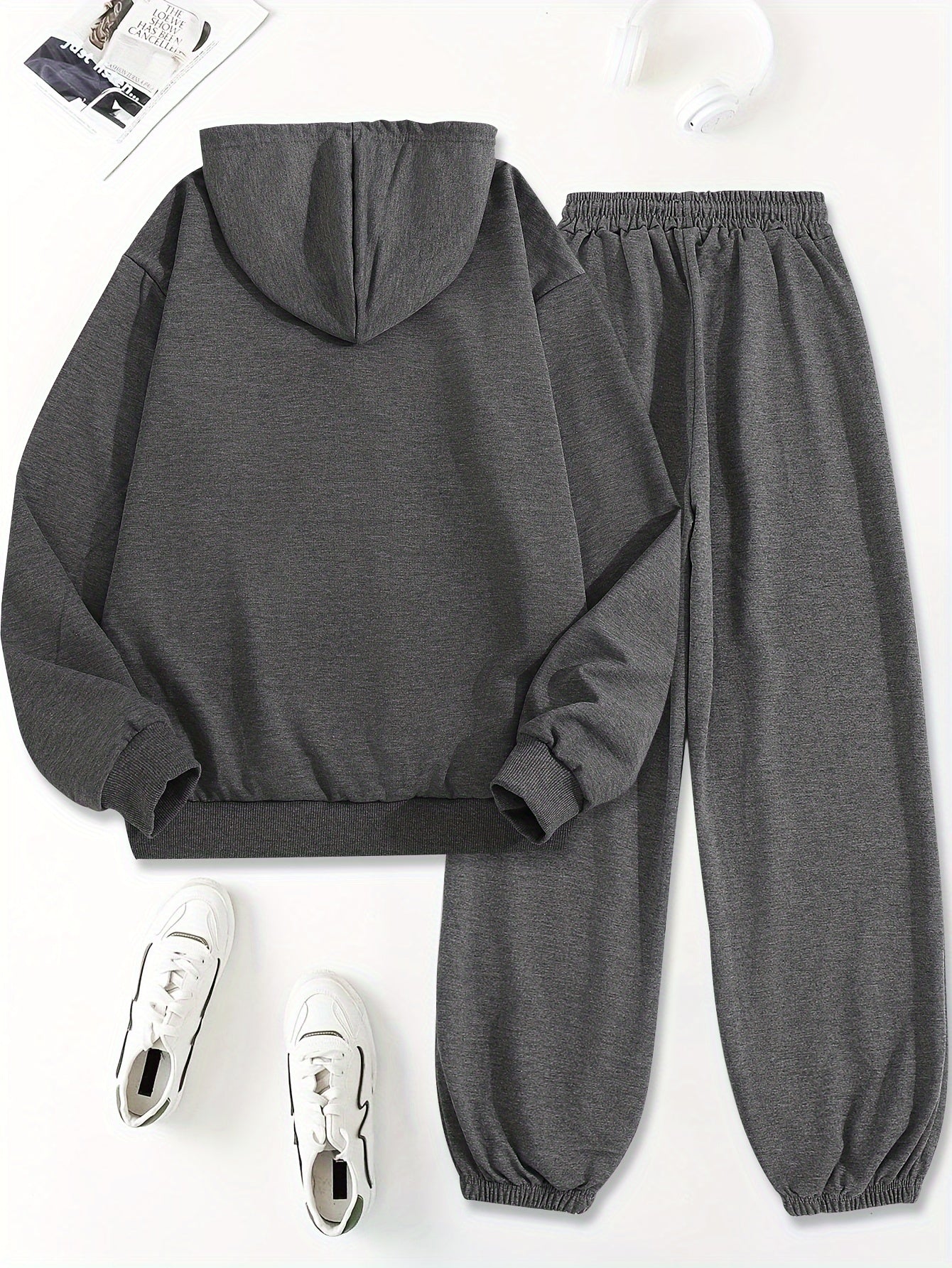 Letter Print Two Piece Hoodie And Pants Set Polyester Women