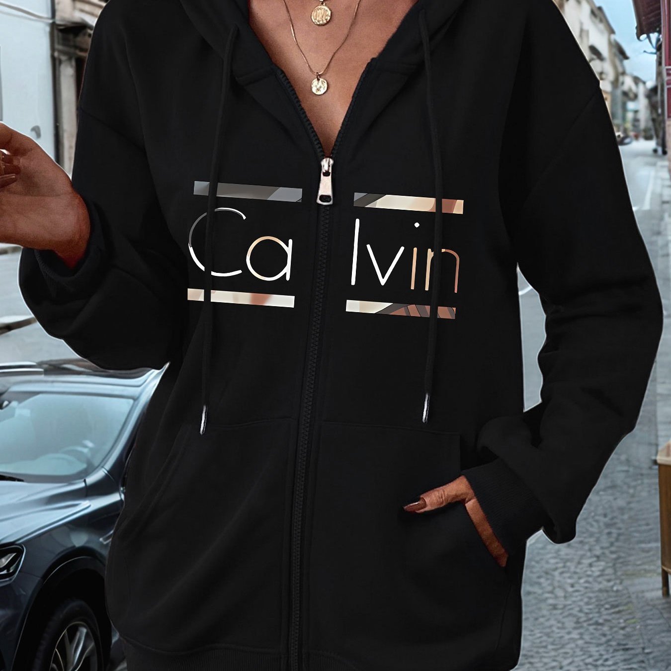 Letter Print Hooded Long Sleeve Zip Sweater For Women