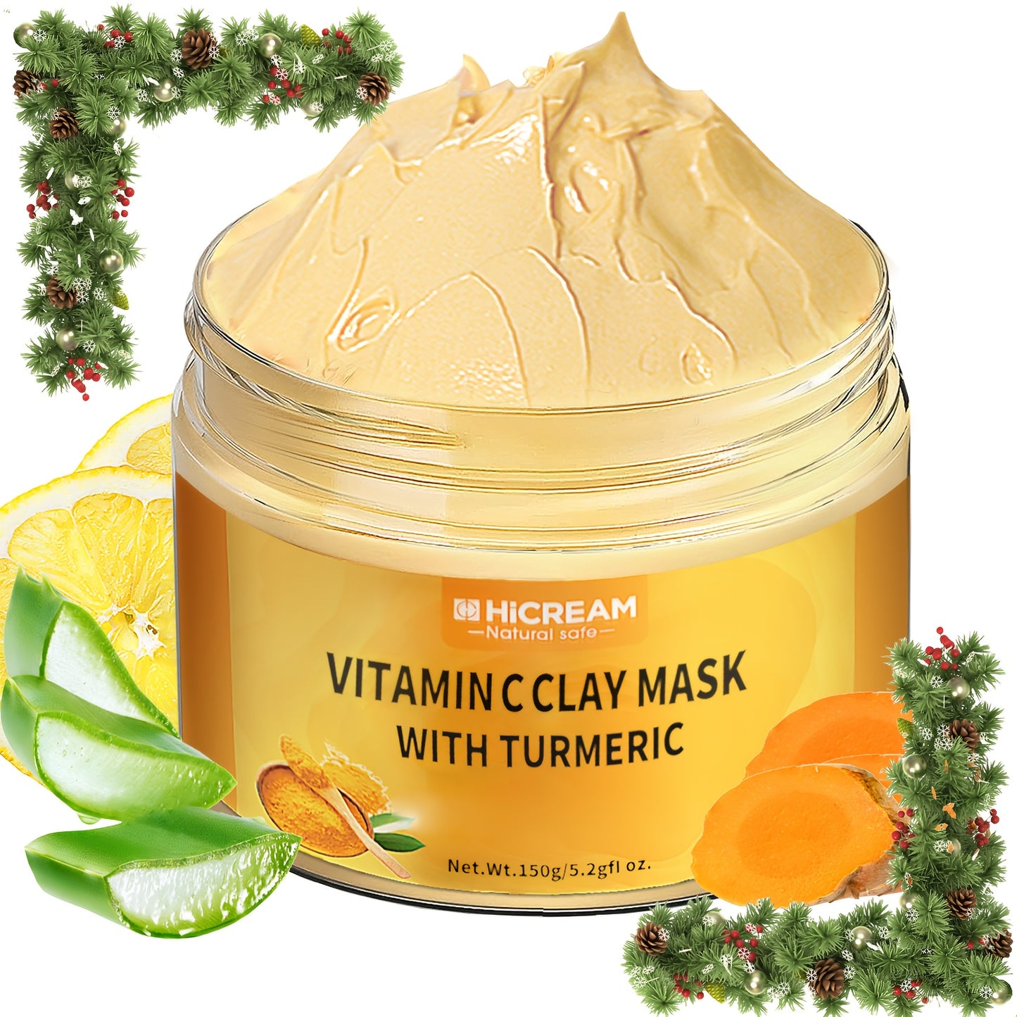 5.29 Oz Turmeric Vitamin C Clay Mask Turmeric Face Clay Mask VC Cleansing Mask. Contains Natural Ingredients: Aloe Vera, Calendula For Plumped, Smoother Skin, Hypoallergenic, Suitable For All Skin Types, Great Holiday Gift Fo