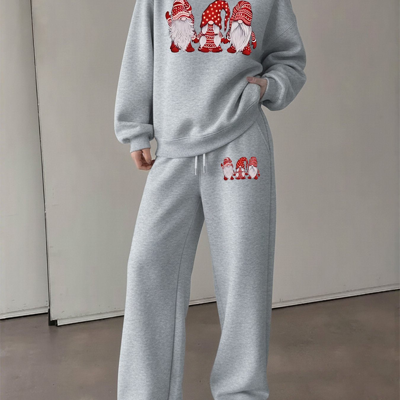 Women'S Cozy Fleece-Lined Sweatshirt and Pants Set - Casual Crew Neck, Long Sleeve, Drawstring Waist, with Red & Santa Hat Print, Perfect for Fall/Winter, Winter Clothing | Casual Style | Fleece Lined Sweatshirt
