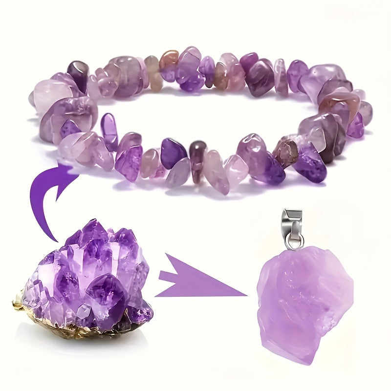 Natural Amethyst Pendant Necklace and Crushed Stone Bracelet Set