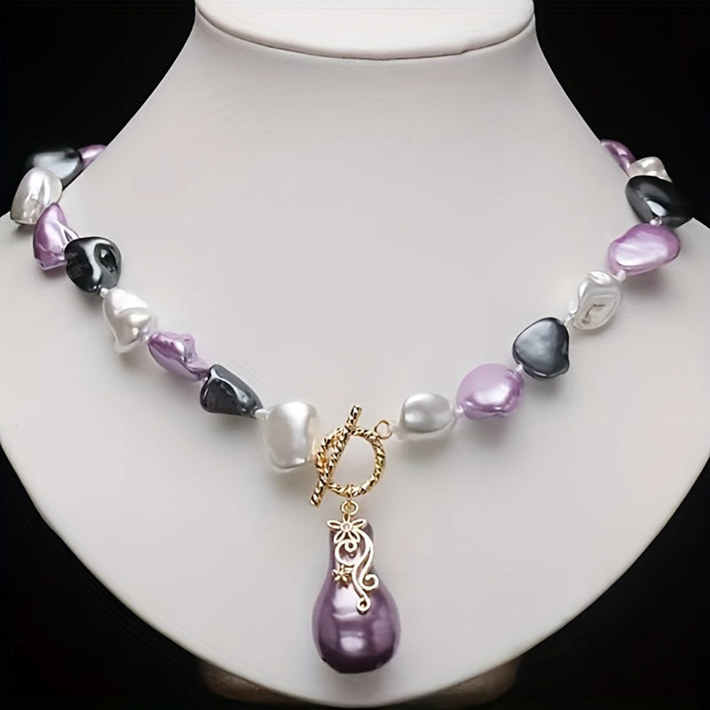 Elegant Luxury Freshwater Pearl Necklace with Asymmetrical Baroque Bead Pendant and Toggle Clasp - Versatile Gift for Banquets and Special Occasions