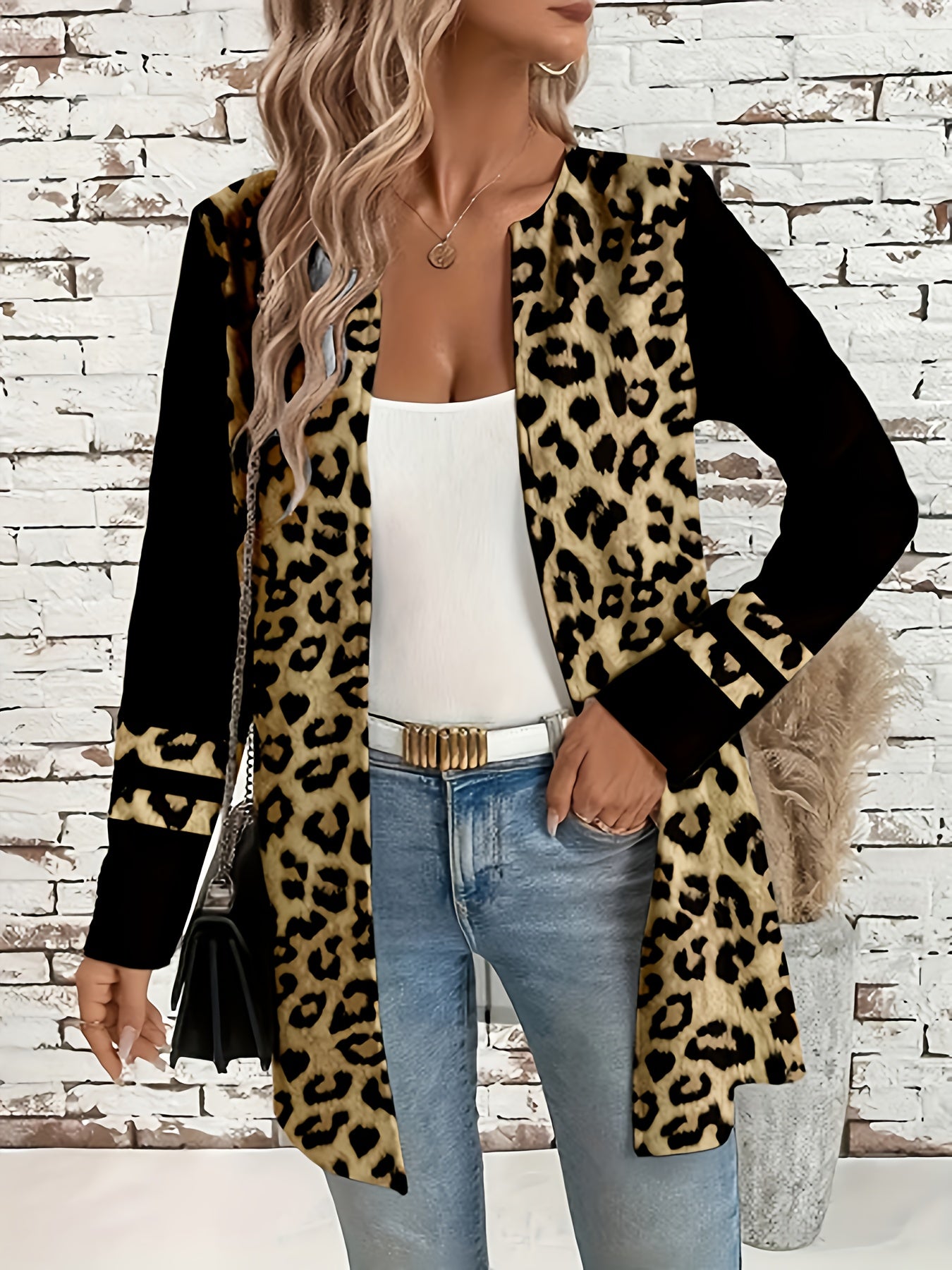 Plus Size, Women's Elegant Oversized Leopard Print Jacket - All-Season Black & Brown Animal Print Coat with Golden-Tone Hardware, Round Neck Winter Outerwear, Plus Size Casual to Formal Outer Jacket (Hand Washable) - Stylish