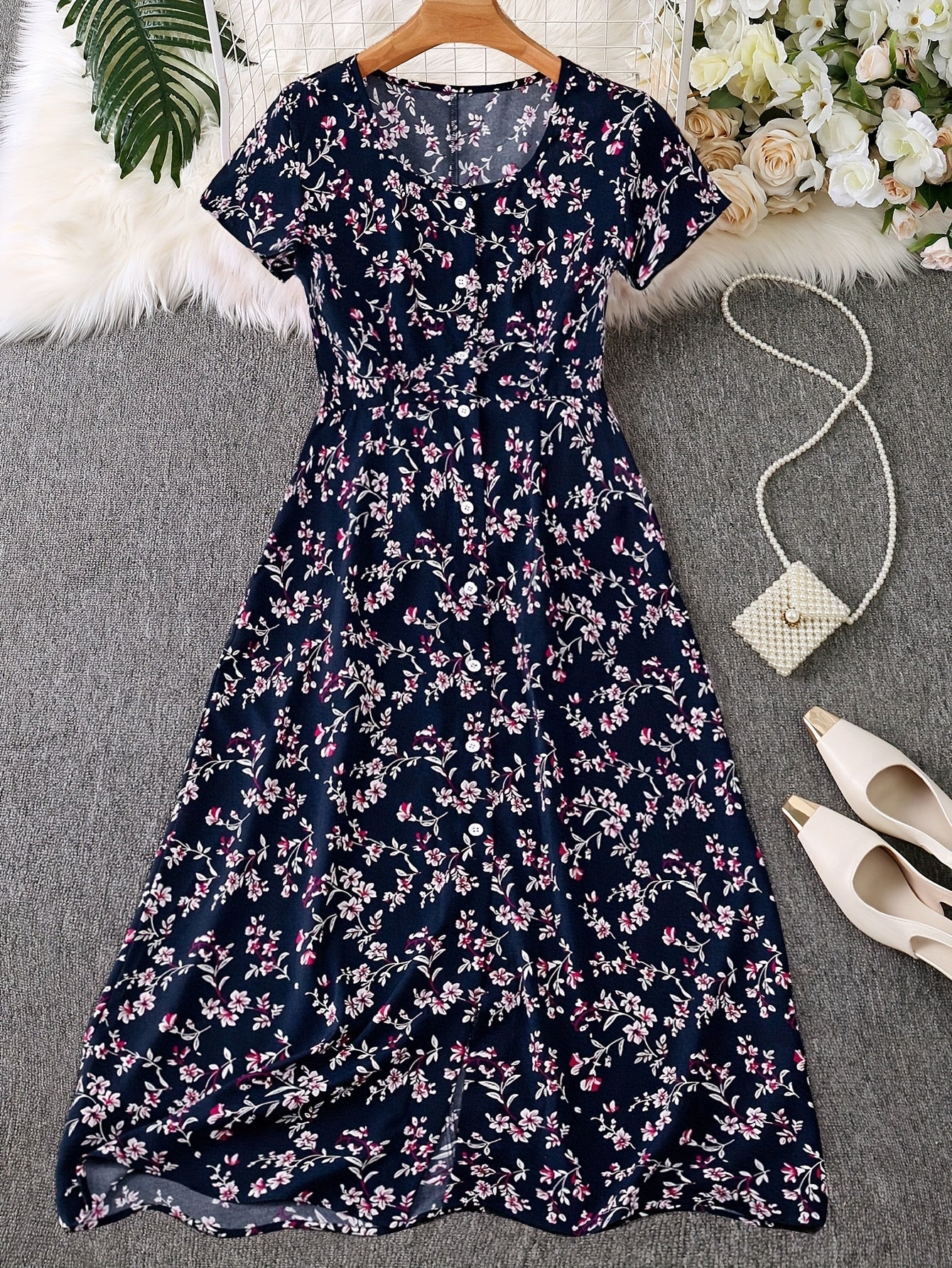 Elegant Floral Print Button-Up Dress for Women
