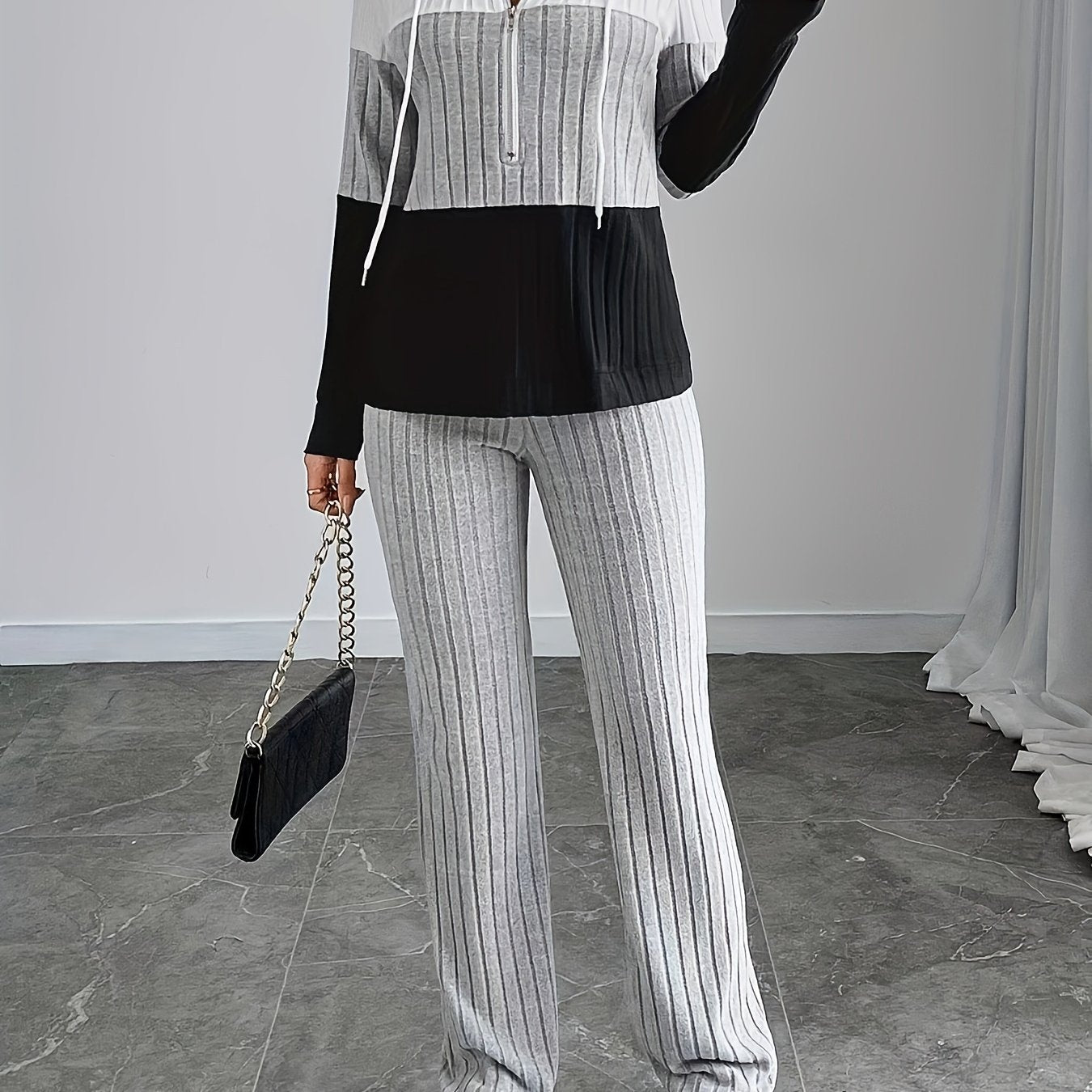 Women'S High-Waisted, Floor-Length Wide-Leg Pants Set with a Stylish And Casual Zip-Up Knit Design.