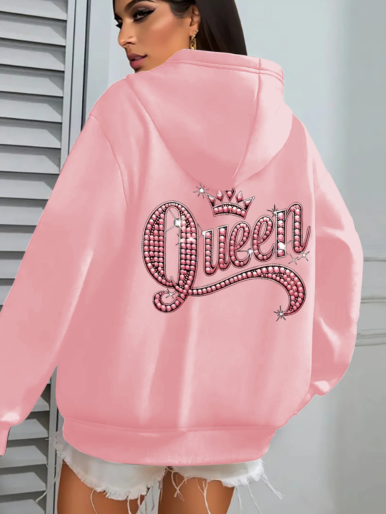 Pink Queen Graphic Hoodie Zipper Jacket Rhinestone Letters