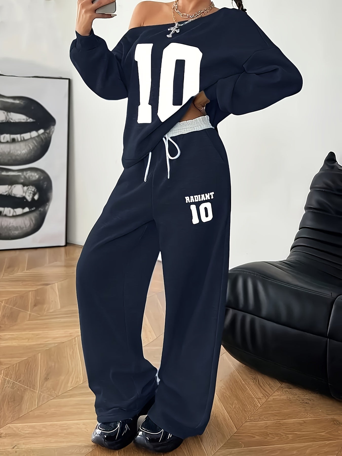 New Women's Two-Piece Set: Fashion Casual Thickened Loose Round Neck Minimalist Digital Print T-Shirt & Pants with Off-Shoulder Sweatshirt + Lace Drawstring Long Joggers