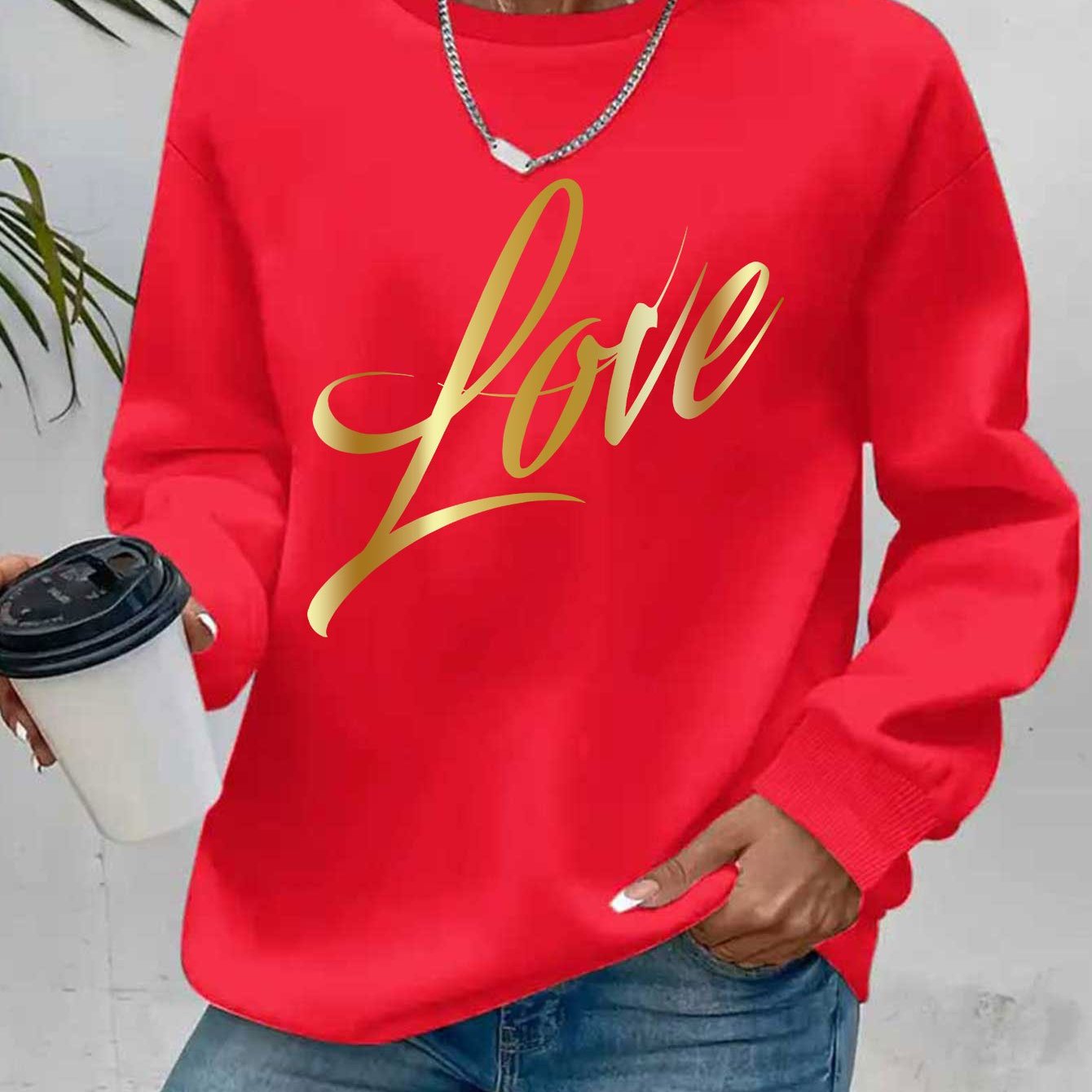 Casual Crew Neck Sweatshirt With Love Letter Graphic Print