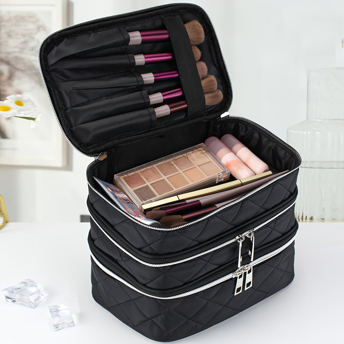 Stylish Large Capacity Diamond Cosmetic Bag Three Layers