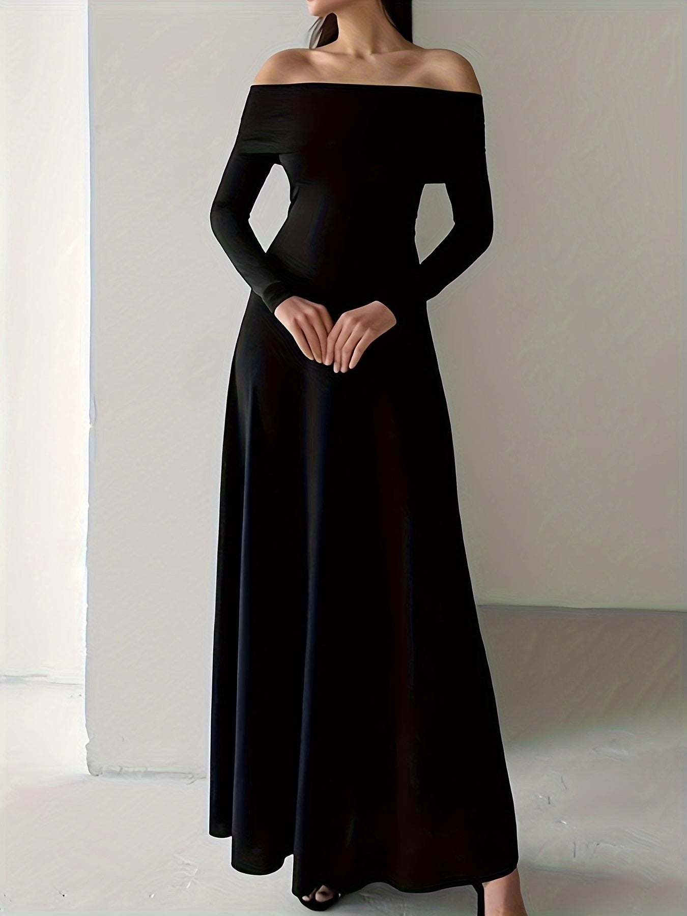 1pc Elegant French Knit Dress for Women, Casual Off-Shoulder Long Dress, Polyester Fiber, Solid Color, Slim Fit, Spring/Autumn Season, Adult - 180g/m² Lightweight Fabric