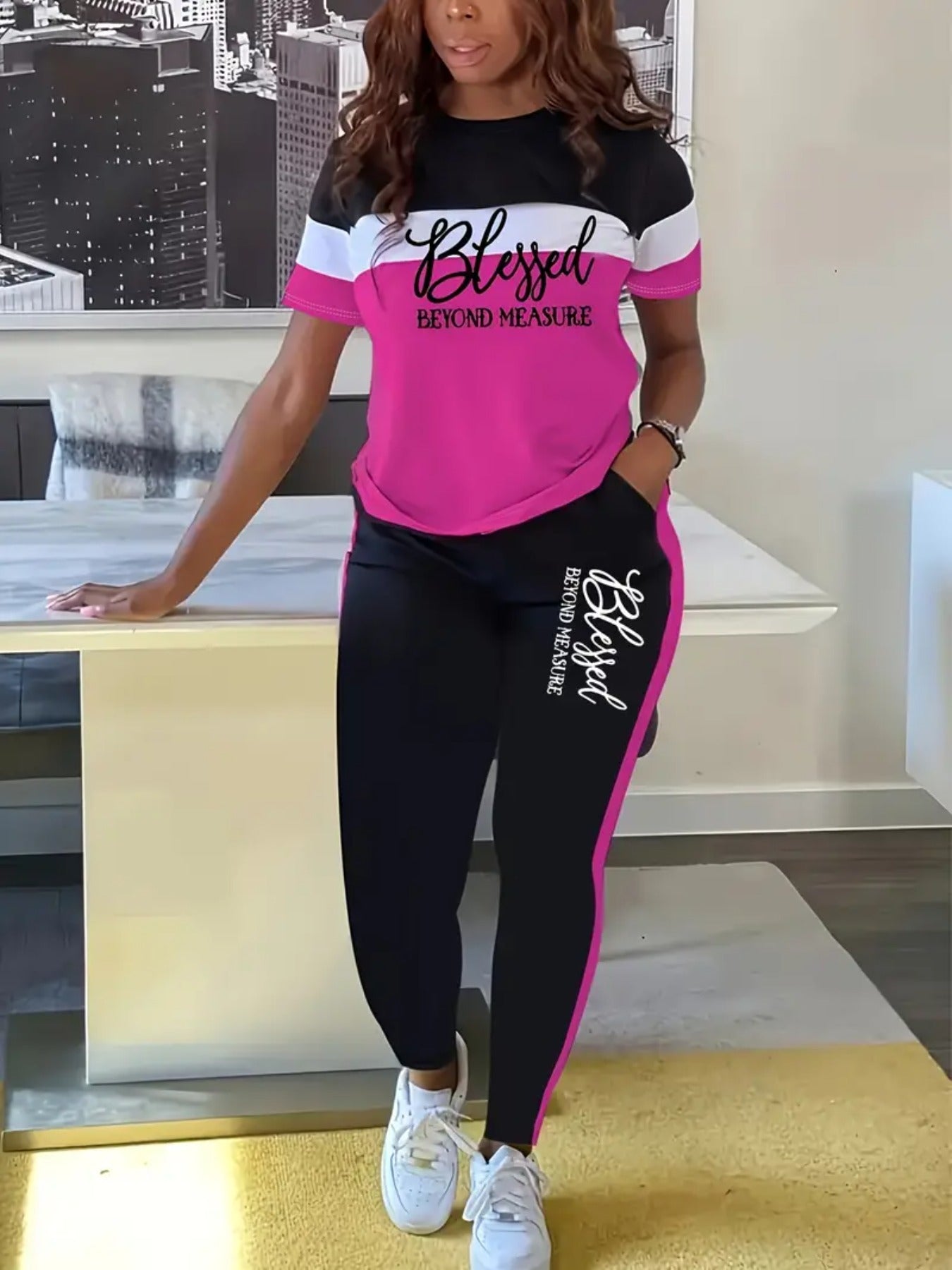 Womens Two Piece Set Blessed Pattern T Shirt And Pants