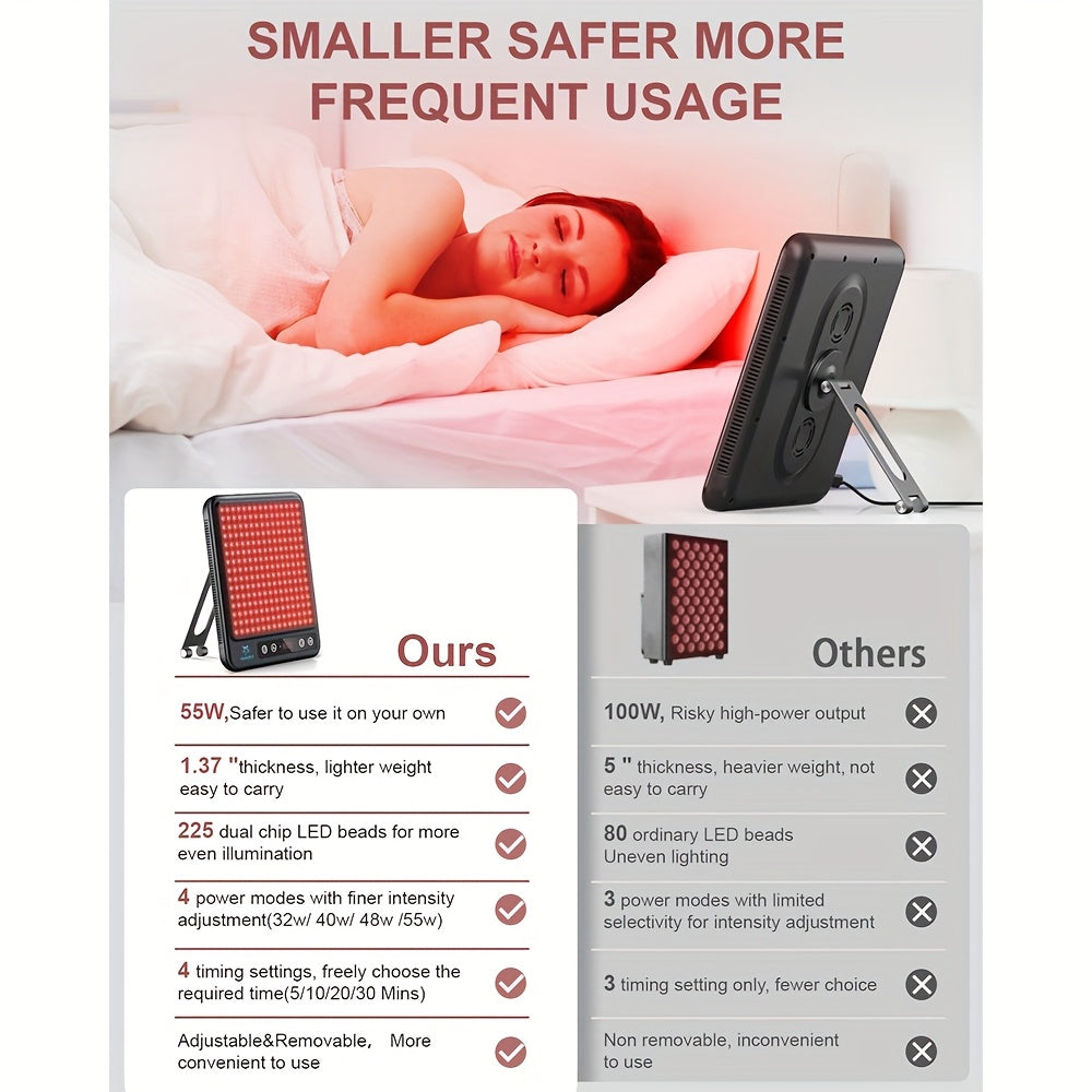 225 LEDs Dual-Chip Red Light Therapy Panel, Portable 660nm Red Light & 850nm Near-Infrared LED Device With Stand Timer, For Face Body Skin Care Home Spa Use