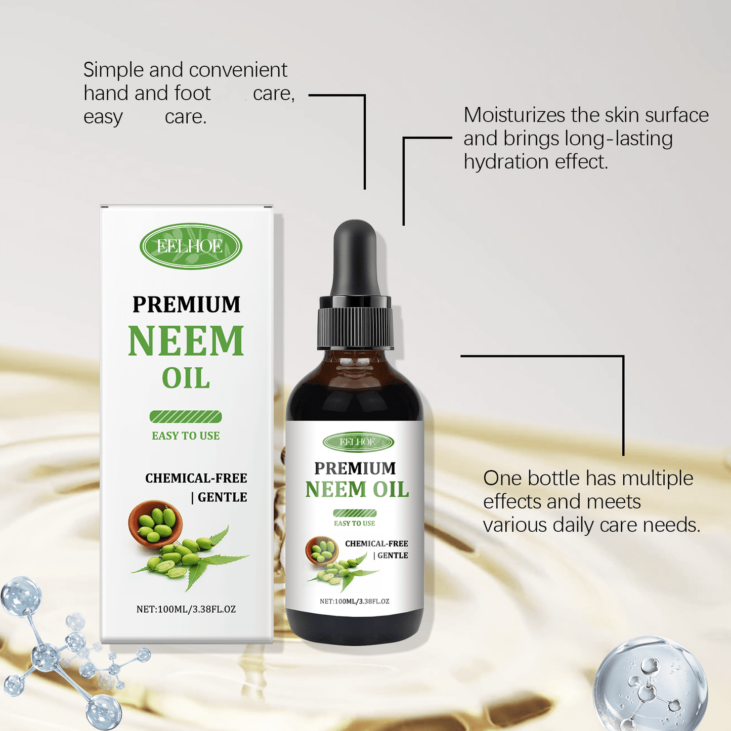 3.38FL.OZ/ - Neem Oil Multi-Nourishing Essential Oil - Enriched with Vitamin E, Gentle Ingredients, Deep Nourishing, Long-Lasting Moisturizing, for Hair/ Lashes/ Skin/ Nails