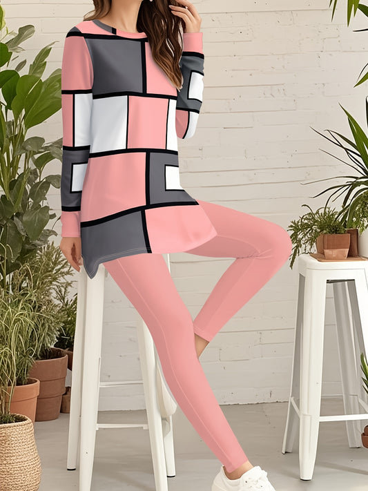Women's 2pcs Geometric Print Winter Warmth Oversized Sweater & Leggings Set - Pastel Pink & White Block Color Jumpsuit, Machine Washable Casual to Formal Outfits for Fall/Winter, Elegant Long Sleeve Sweater with Side Slit Pan