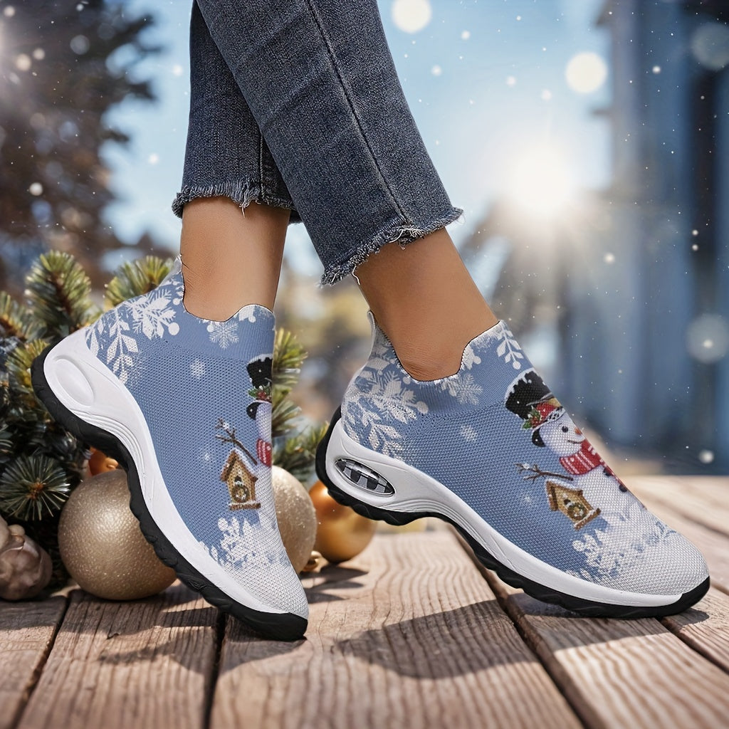 1 Pair Festive Christmas Print Slip-On Sneakers for Women, Breathable Fabric Upper, PU Synthetic Sole, Casual Low-Top Walking Shoes for All Seasons
