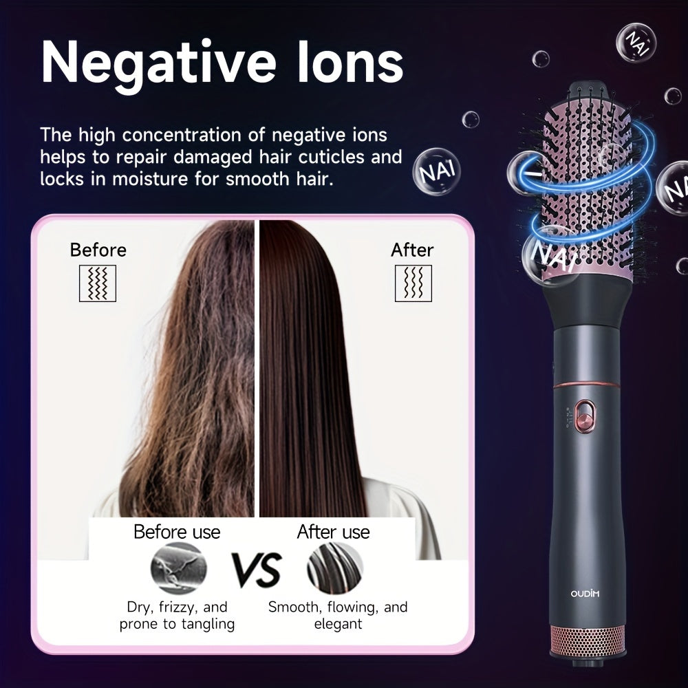 5-in-1 Hot Air Comb Set with Negative Ion Technology - Hair Dryer, Massage Straightening Comb, Round Curling Iron & Oval Styling Comb, Interchangeable Heads