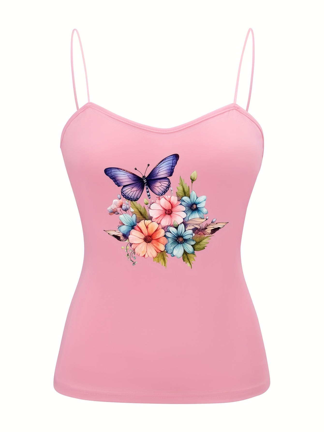 Butterfly Floral Spaghetti Strap Tops for Women Semi Sheer