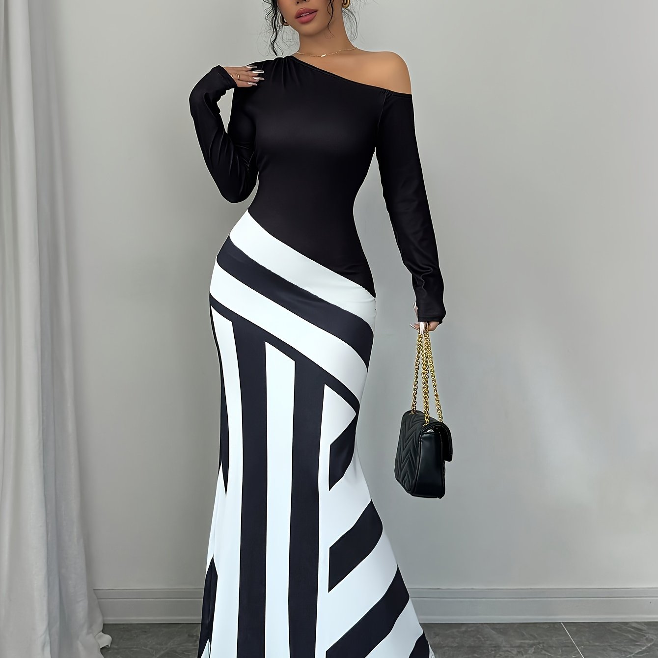 Elegant Off Shoulder Striped Maxi Dress For Women Everyday