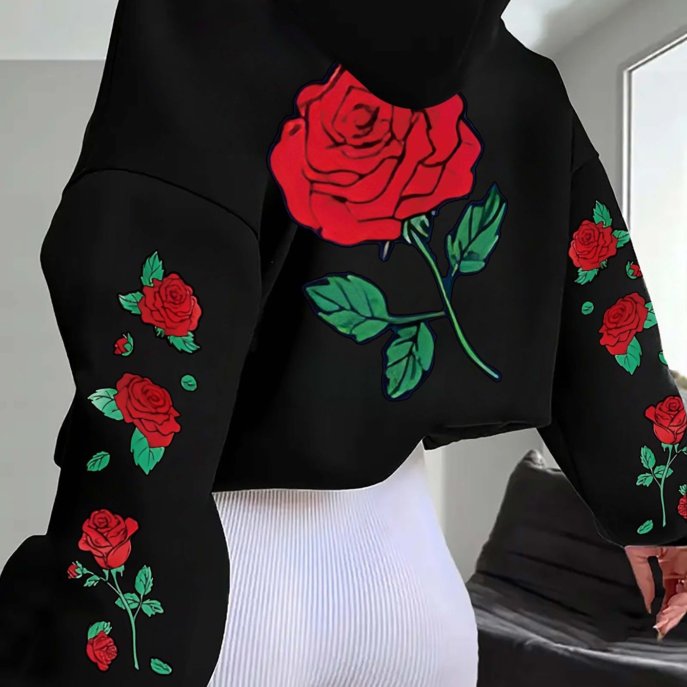 Floral Rose Graphic Hooded Sweatshirt For Women All Season