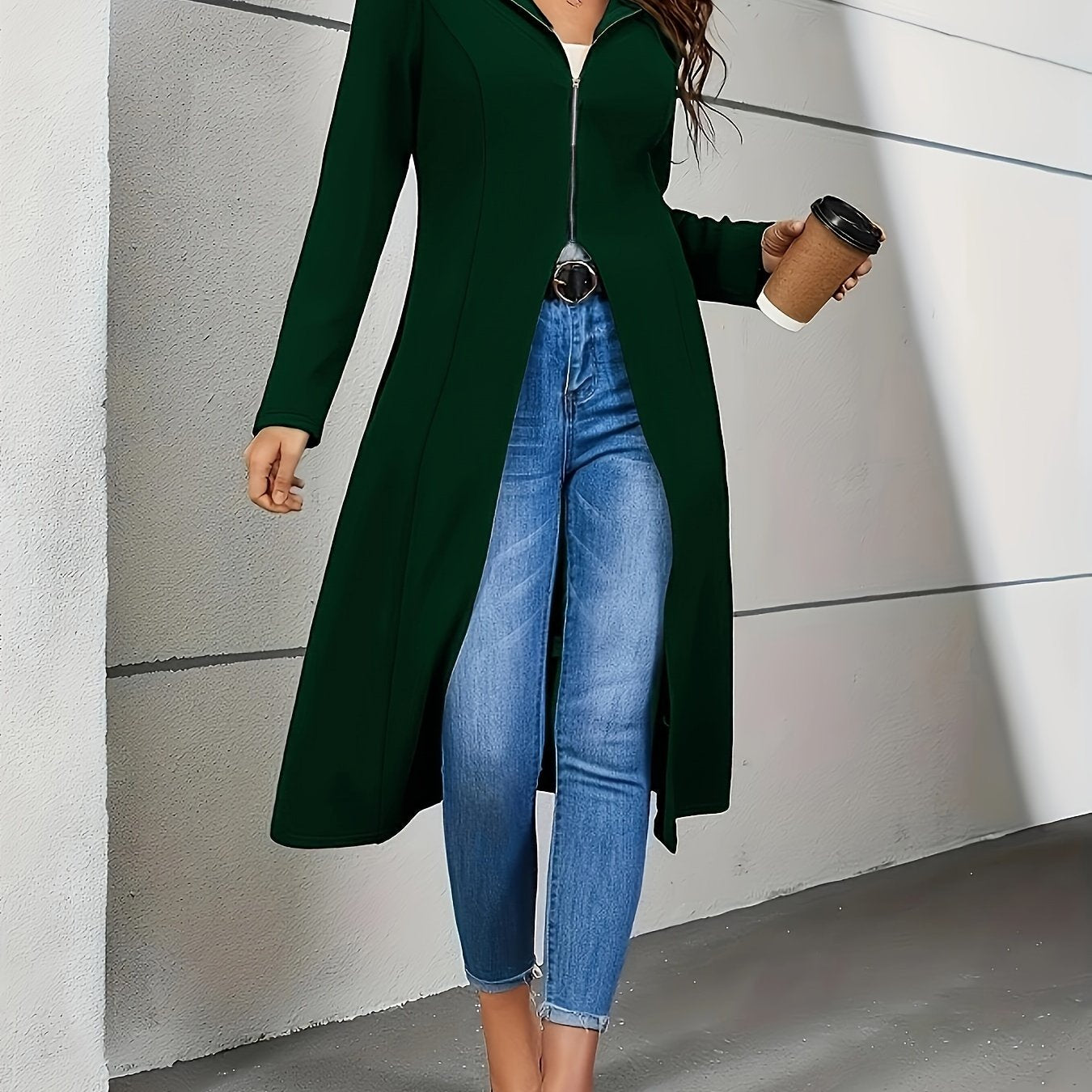 Women'S Long Sleeve Zip Hoodie Jacket - Solid Color, Polyester, Casual Elegant Fall/Winter Coat with Zipper Detail