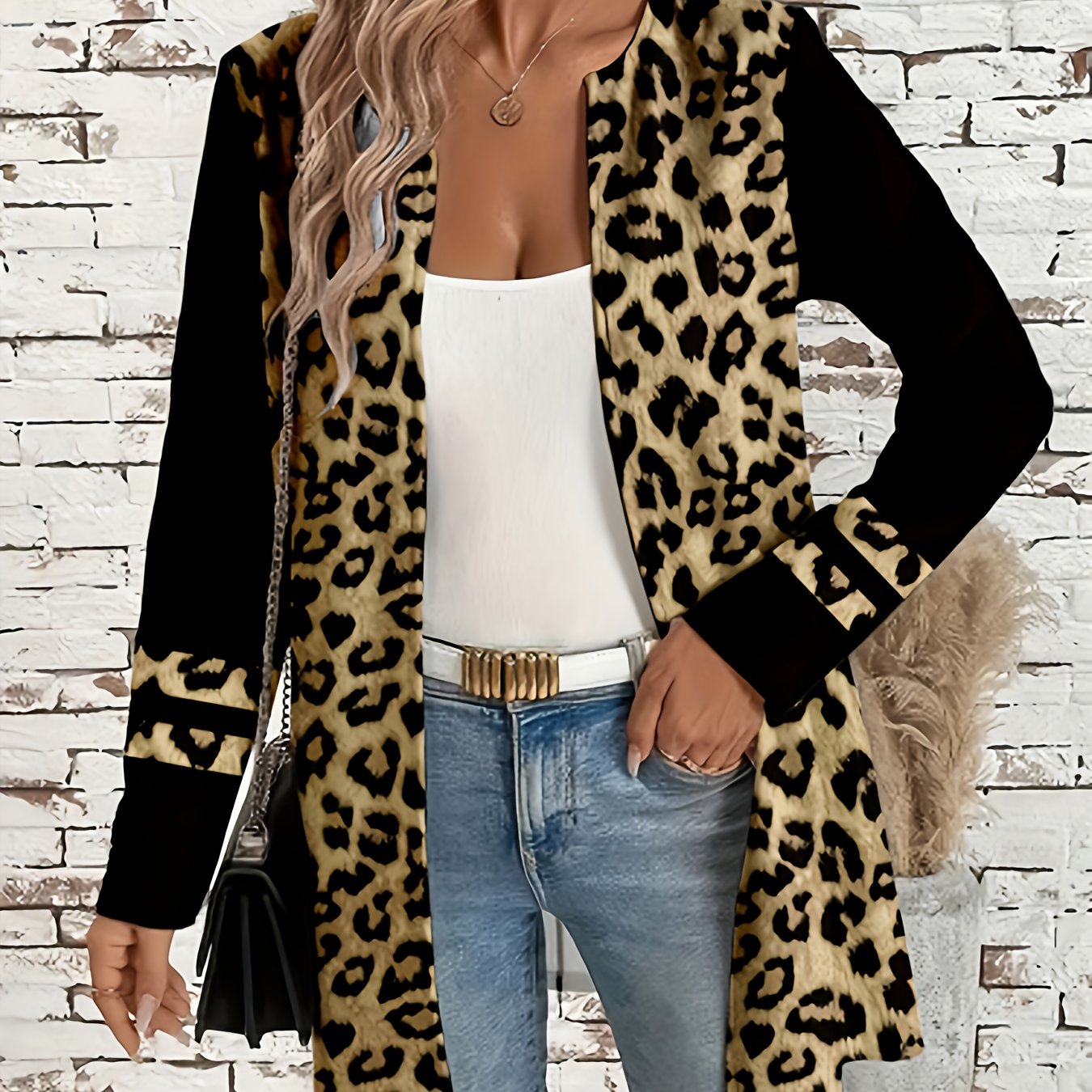 Plus Size, Women's Elegant Oversized Leopard Print Jacket - All-Season Black & Brown Animal Print Coat with Golden-Tone Hardware, Round Neck Winter Outerwear, Plus Size Casual to Formal Outer Jacket (Hand Washable) - Stylish