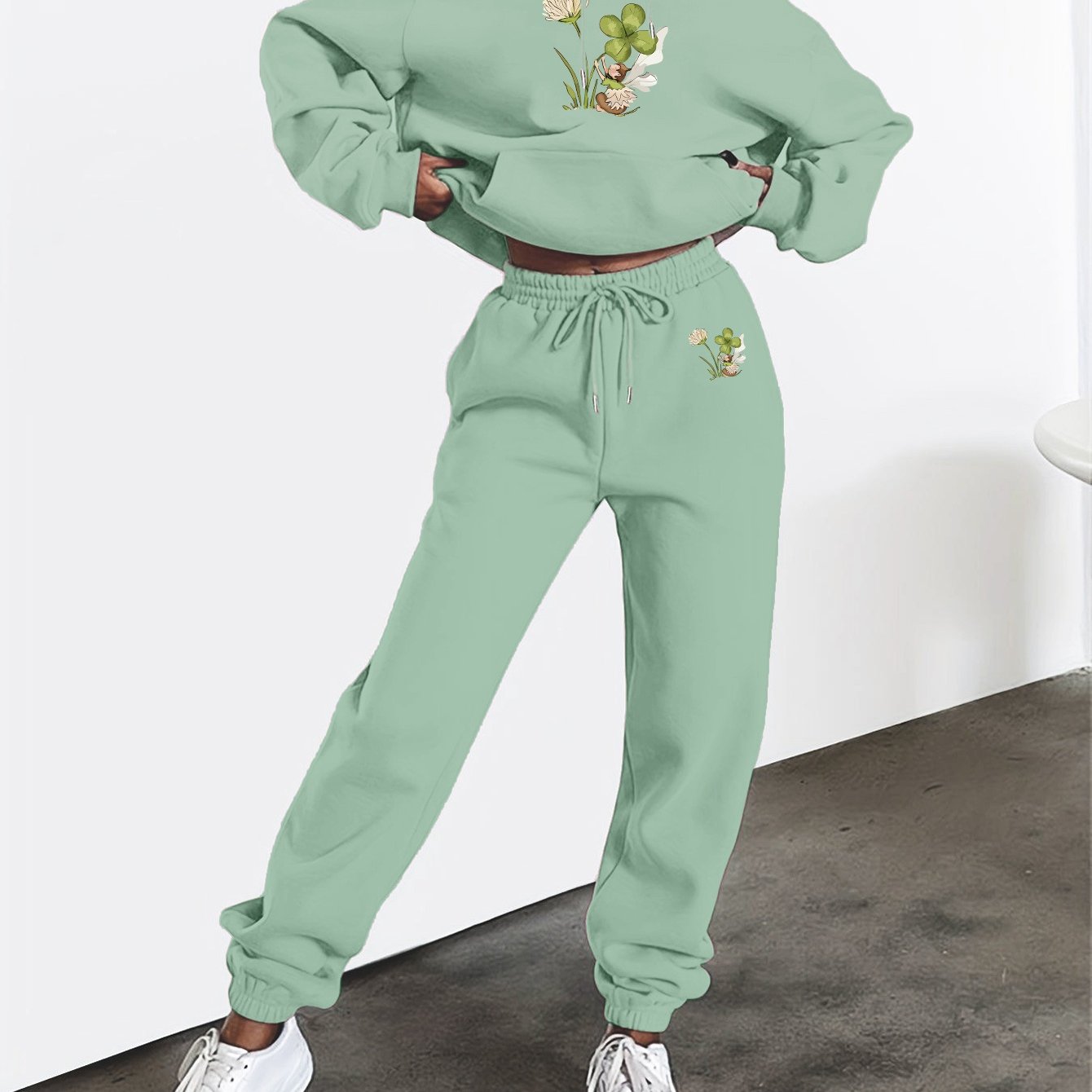 Floral Print Womens Hooded Sweatshirt And Pants Set Winter