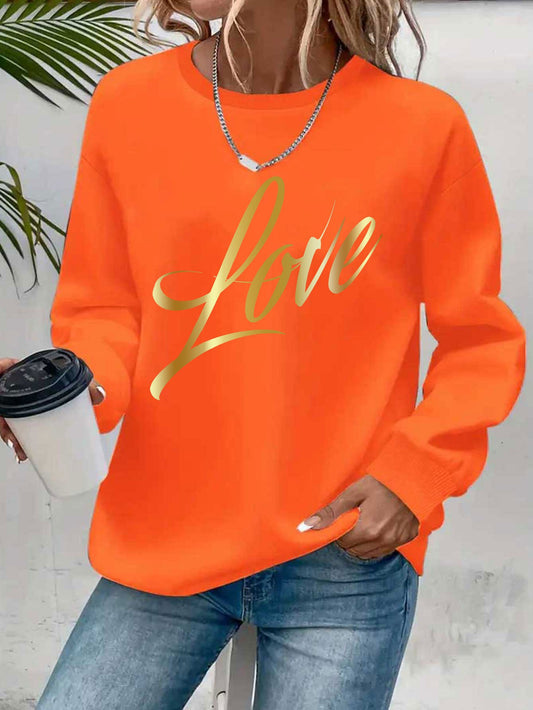 Casual Crew Neck Sweatshirt With Love Letter Graphic Print