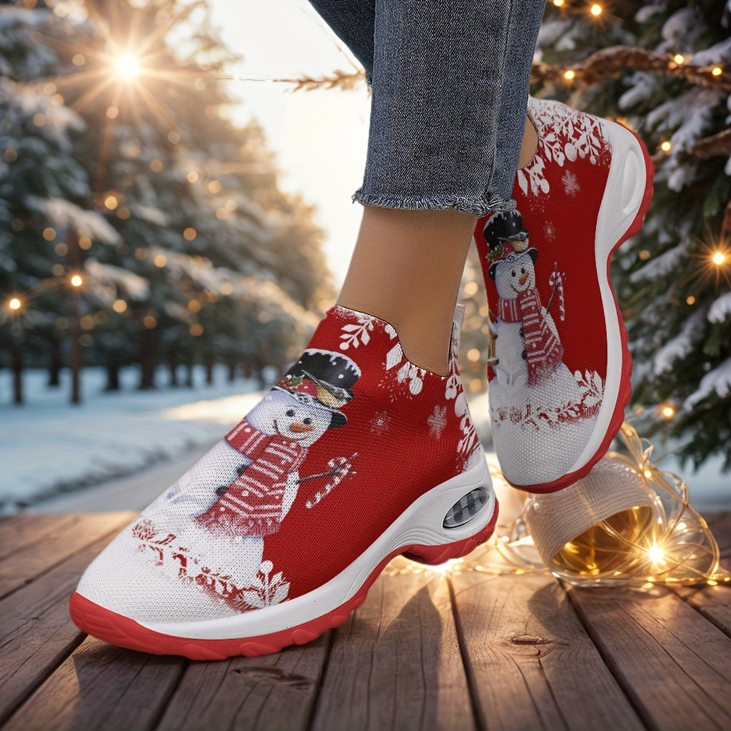 1 Pair Festive Christmas Print Slip-On Sneakers for Women, Breathable Fabric Upper, PU Synthetic Sole, Casual Low-Top Walking Shoes for All Seasons