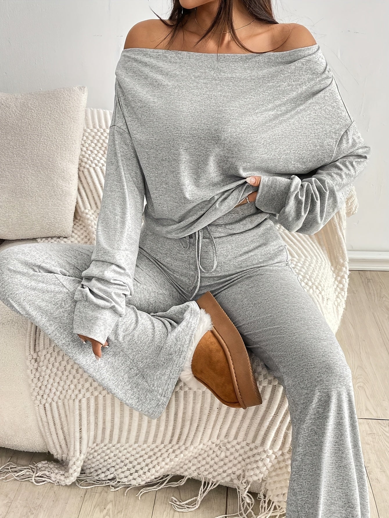 Off-Shoulder Long Sleeve Crop Top And Flared Pants Set