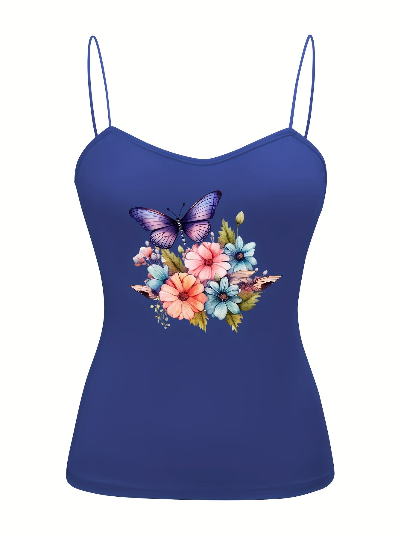 Butterfly Floral Spaghetti Strap Tops for Women Semi Sheer