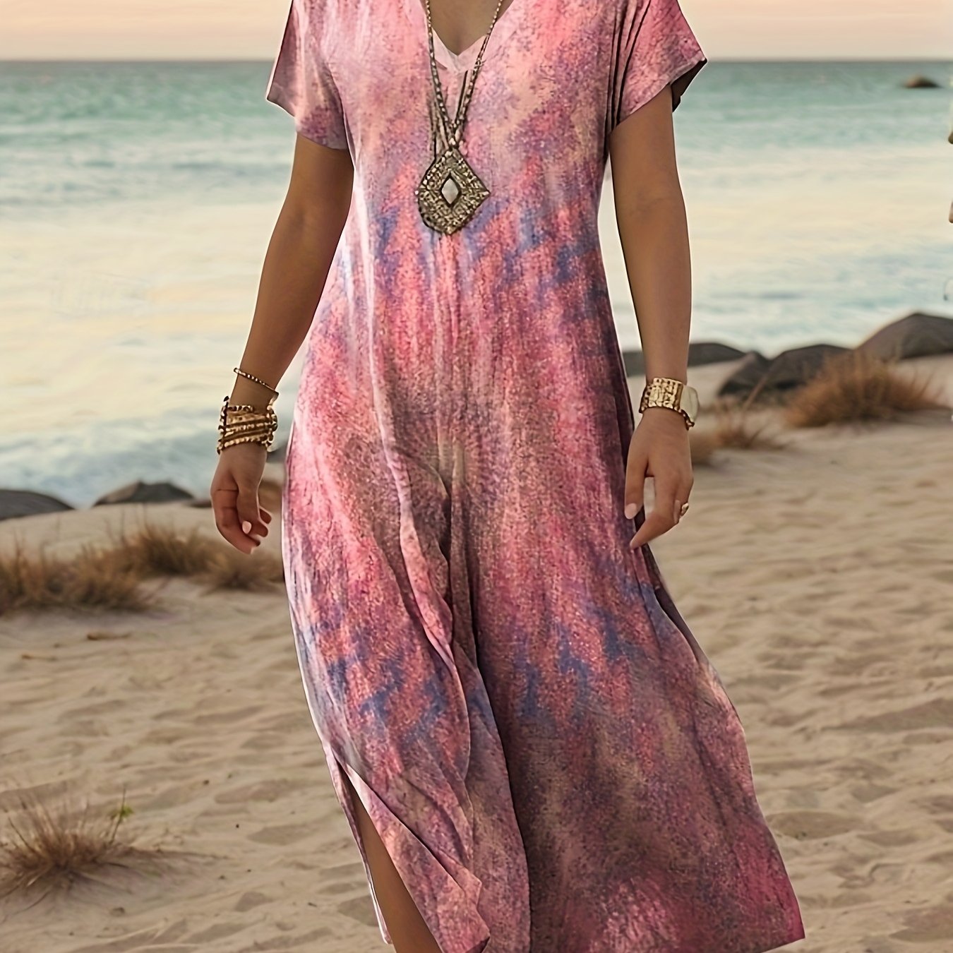 Vibrant Tie-Dye V-Neck Beach Dress with Side Slit