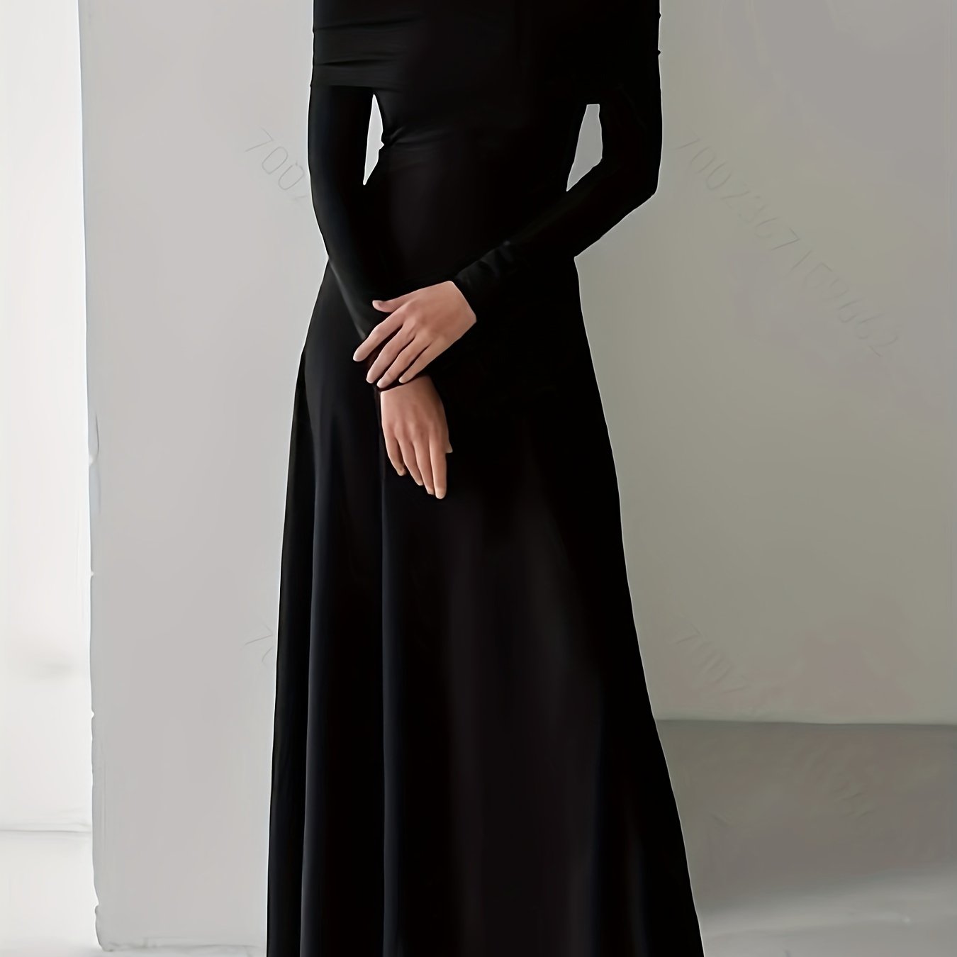 1pc Elegant French Knit Dress for Women, Casual Off-Shoulder Long Dress, Polyester Fiber, Solid Color, Slim Fit, Spring/Autumn Season, Adult - 180g/m² Lightweight Fabric