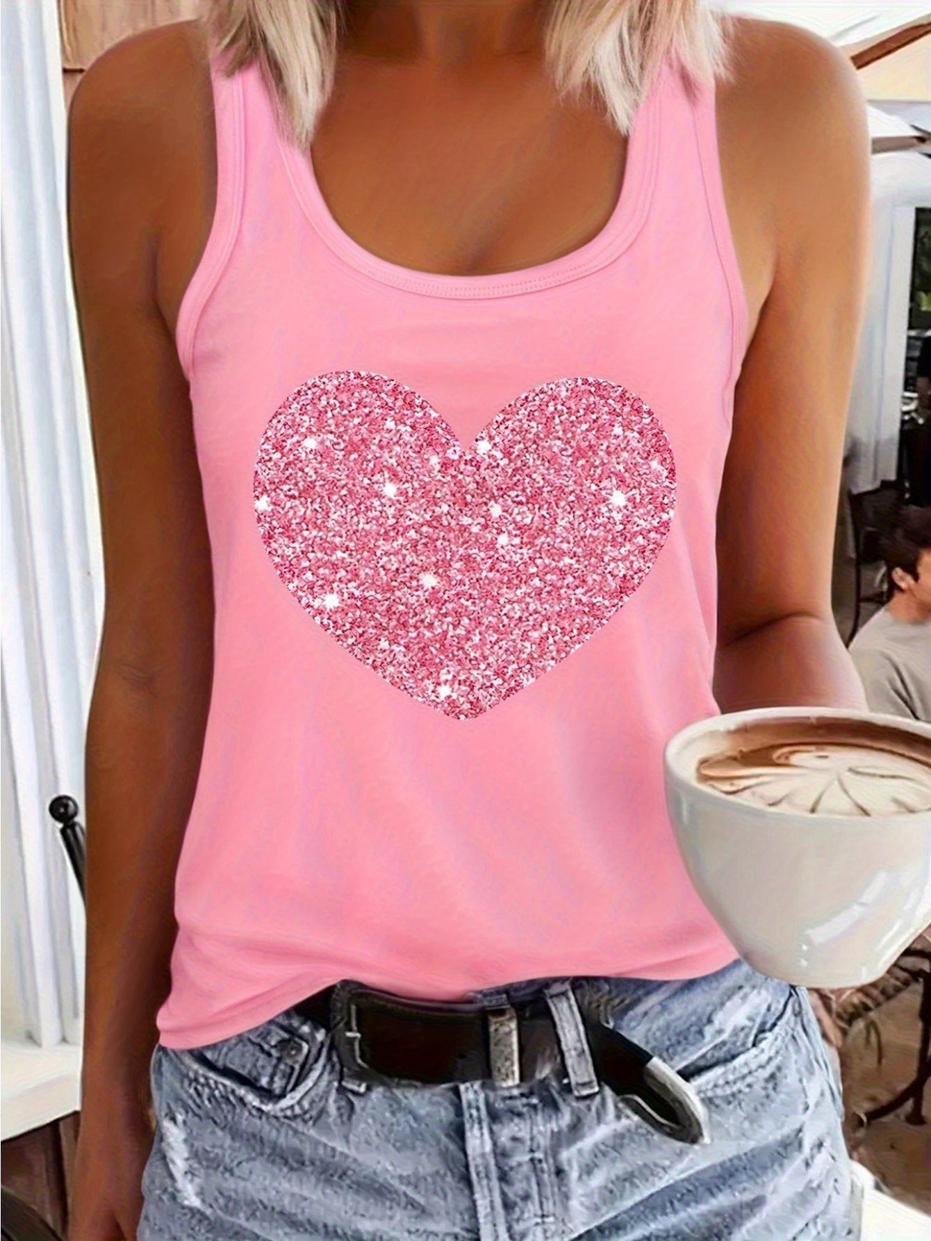 1pc Women's Pink Sleeveless Vest, Sparkling Red Heart And Star Print, Printed Pattern, Non Sequined - Casual Summer And Spring Top, Round Neck, Machine Washable Comfortable Fabric
