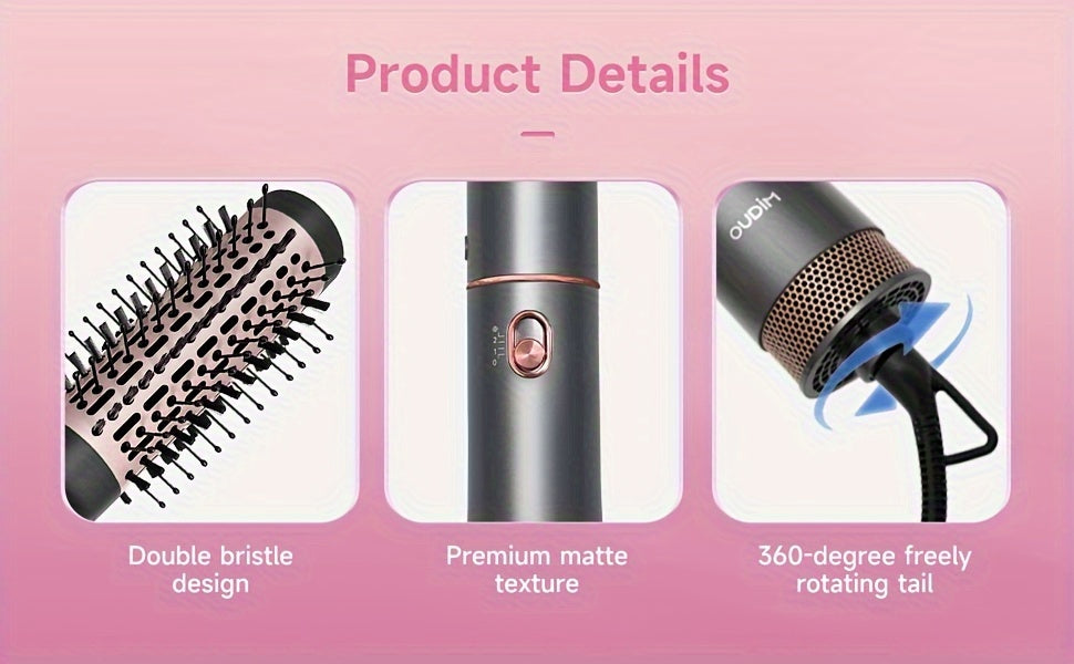 5-in-1 Hot Air Comb Set with Negative Ion Technology - Hair Dryer, Massage Straightening Comb, Round Curling Iron & Oval Styling Comb, Interchangeable Heads