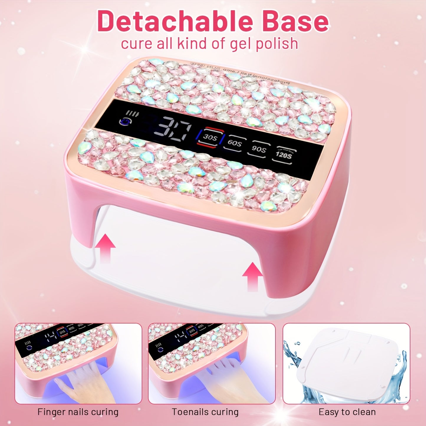 Portable UV LED Nail Lamp with Sparkling Pink Rhinestones