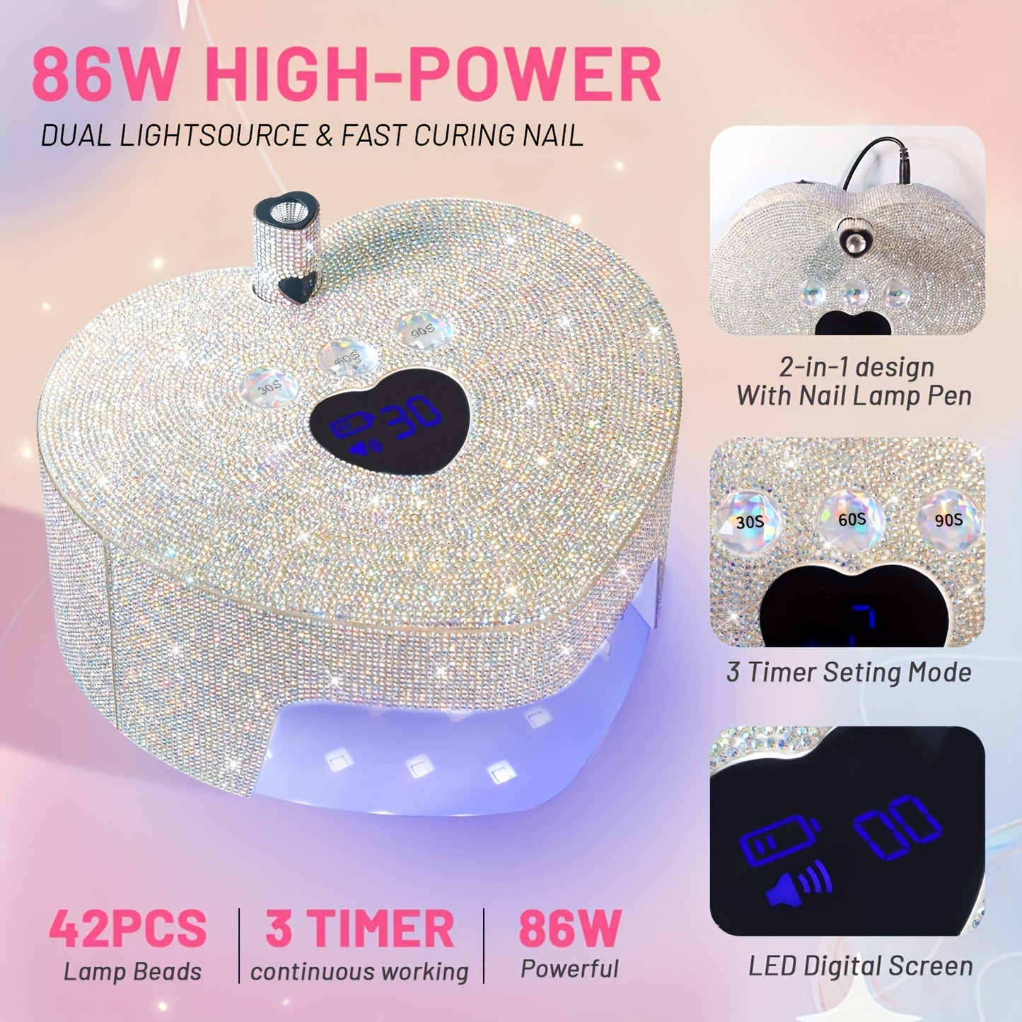 86W Cordless LED Nail Lamp with A Handheld Nail Lamp, 4 Timer Setting Touch Control & Auto Sensor for Gel Nail Polish with Sparkling Nail Rhinestones, with Heart Shape