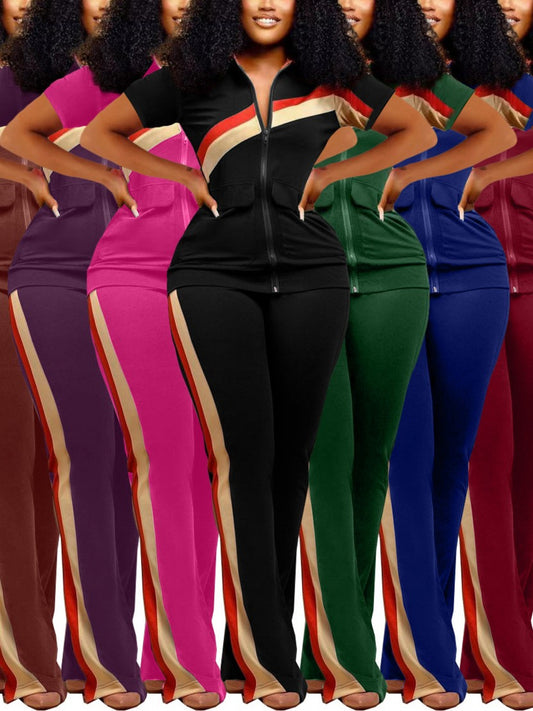 2pcs Women's Fashion Color Block Short Sleeve Hooded Zip-Up Top& High-Waisted Wide Leg Pants, Fitness& Sports Activewear Perfect for Spring/Summer/Fall, Women's Shapewear, Activewear Set, Casual Sportswear, Stylish Activewear