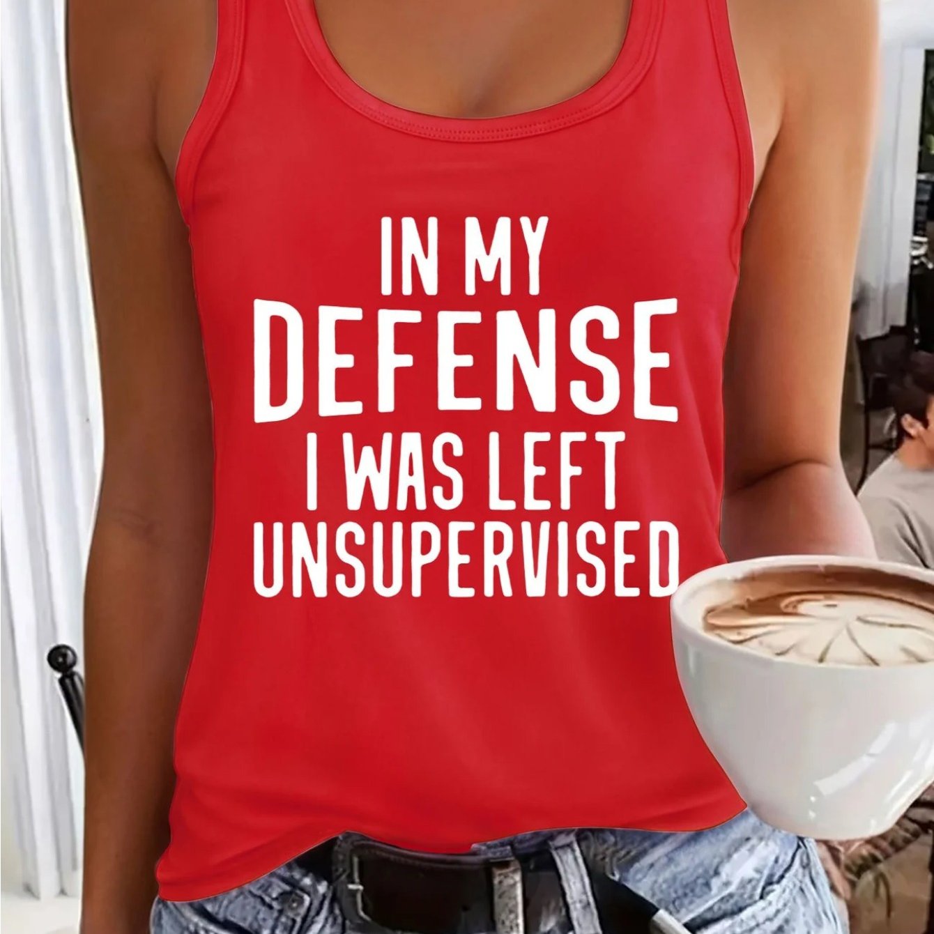 [Vibrant Red Vest] Vibrant Red 1pc Women's Sleeveless Vest "In My Defense I Was Left Unsupervised" | Breathable 180GSM Fabric, Round Neck, Casual Summer Top, Machine Washable, Regular Fit