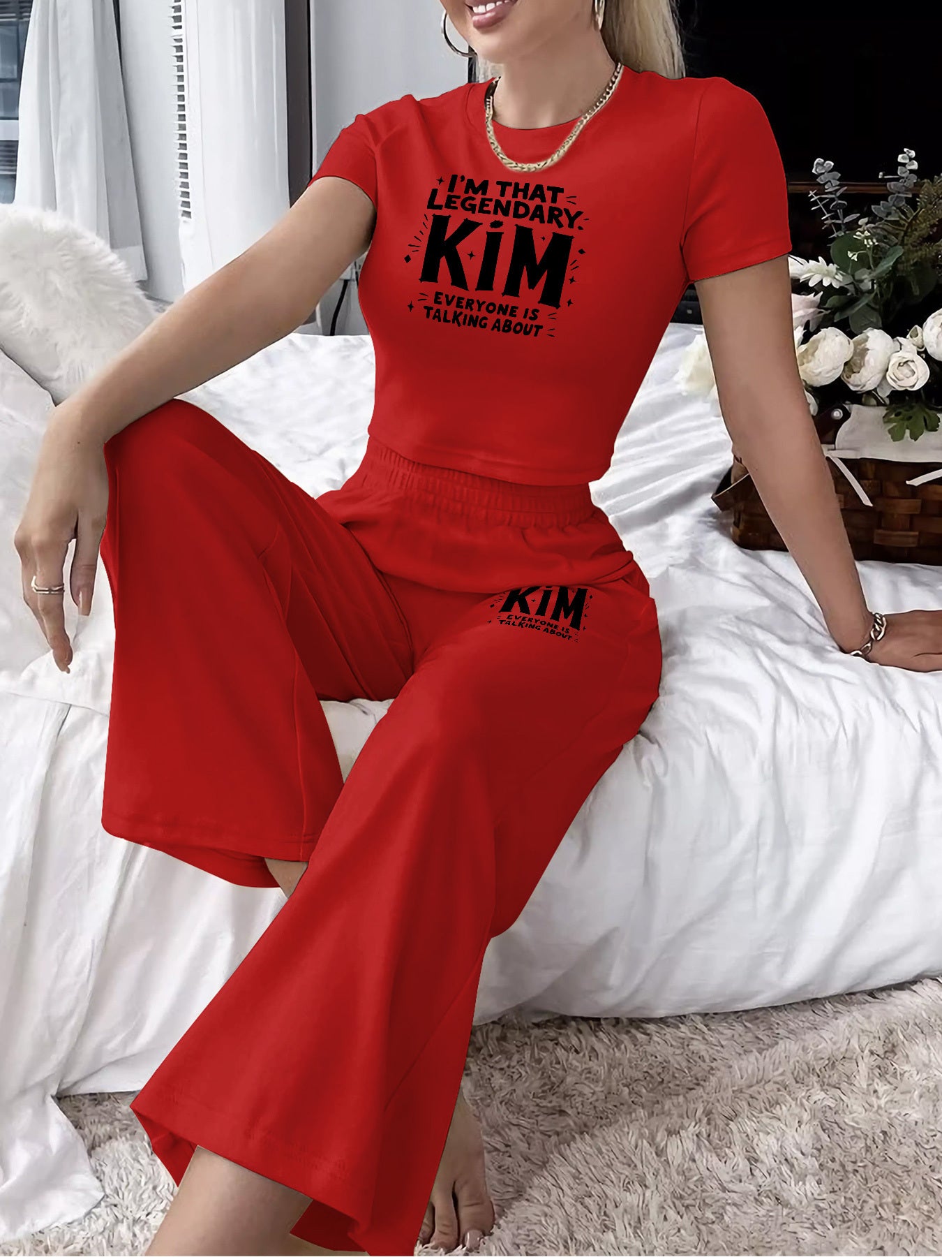 Women'S Casual Two-Piece Set - "I'm That Kim" Graphic T-Shirt & Wide-Leg Pants with Slant Pocket, Elegant Polyester Blend, All-Season Wear, Casual Wear|Graphic Print Top|Polyester Blend