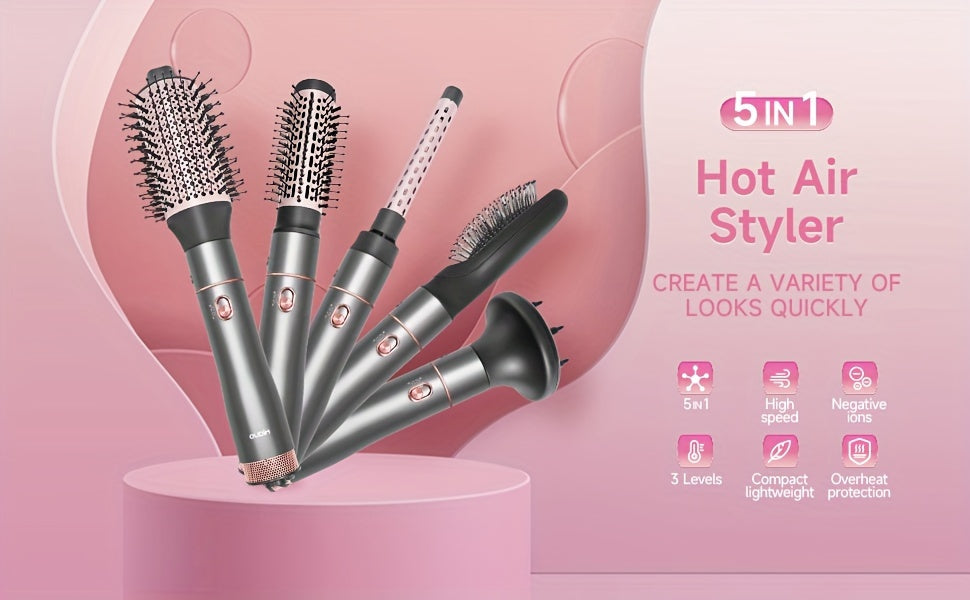 5-in-1 Hot Air Comb Set with Negative Ion Technology - Hair Dryer, Massage Straightening Comb, Round Curling Iron & Oval Styling Comb, Interchangeable Heads