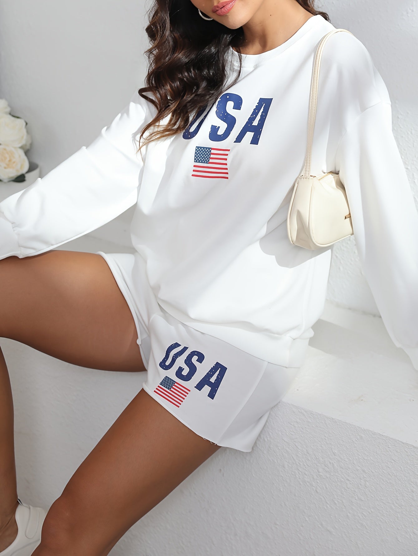 Patriotic USA Flag Women's Sweatshirt and Shorts Outfit Set