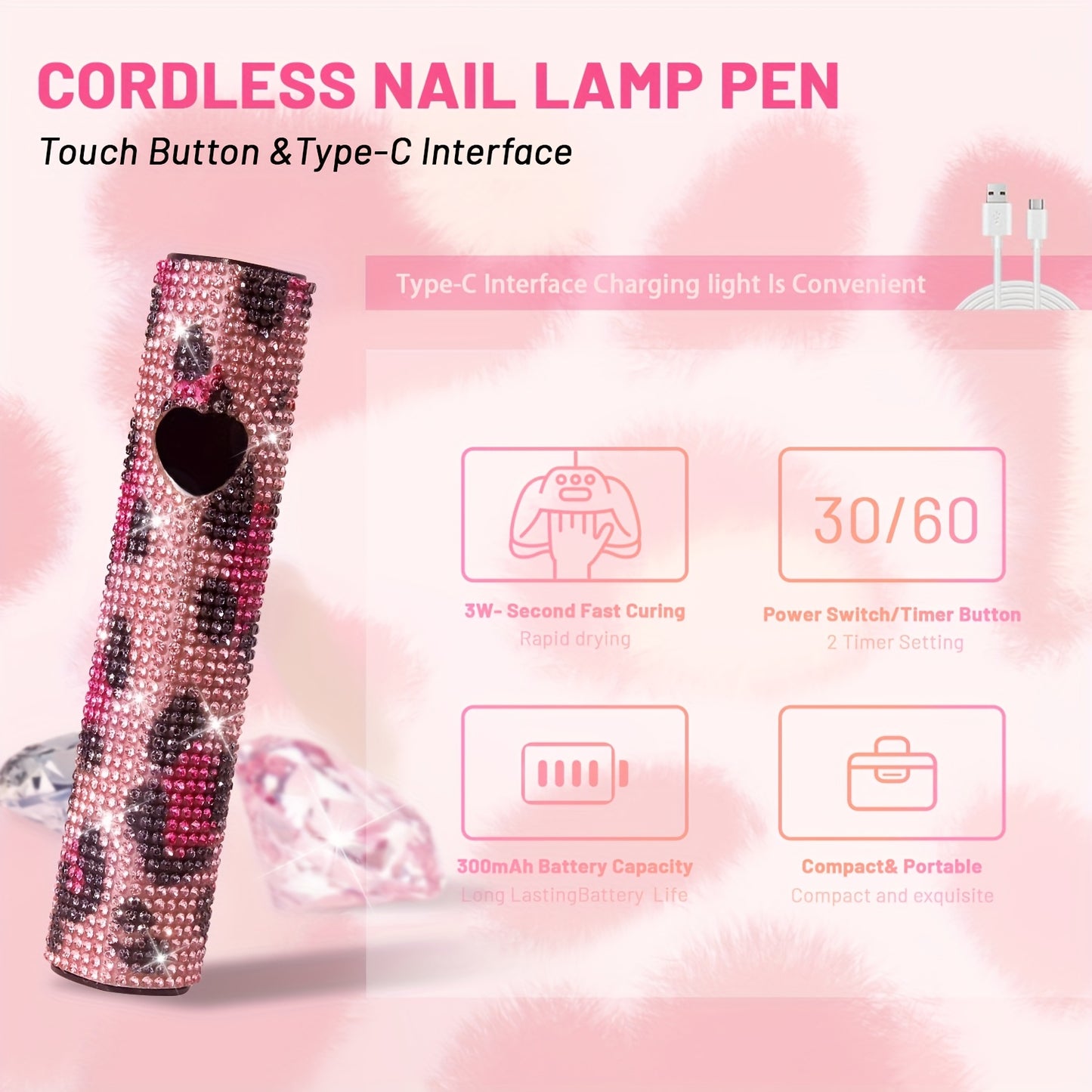 86W Cordless LED Nail Lamp with A Handheld Nail Lamp, 4 Timer Setting Touch Control & Auto Sensor for Gel Nail Polish with Sparkling Nail Rhinestones, with Heart Shape