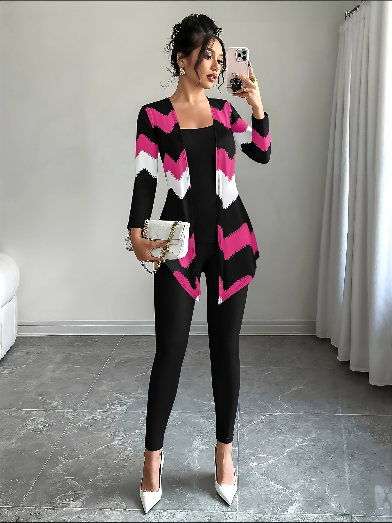 Casual Women Set With Camisole Leggings Chevron Cardigan