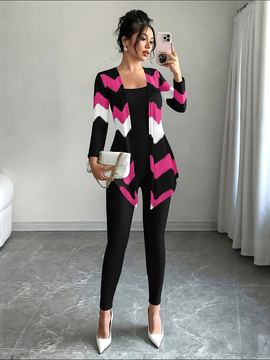 Casual Women Set With Camisole Leggings Chevron Cardigan
