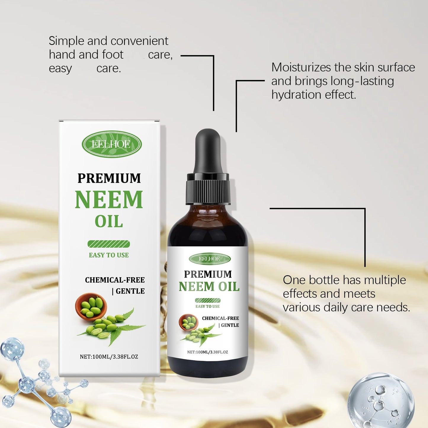 3.38FL.OZ/ - Neem Oil Multi-Nourishing Essential Oil - Enriched with Vitamin E, Gentle Ingredients, Deep Nourishing, Long-Lasting Moisturizing, for Hair/ Lashes/ Skin/ Nails