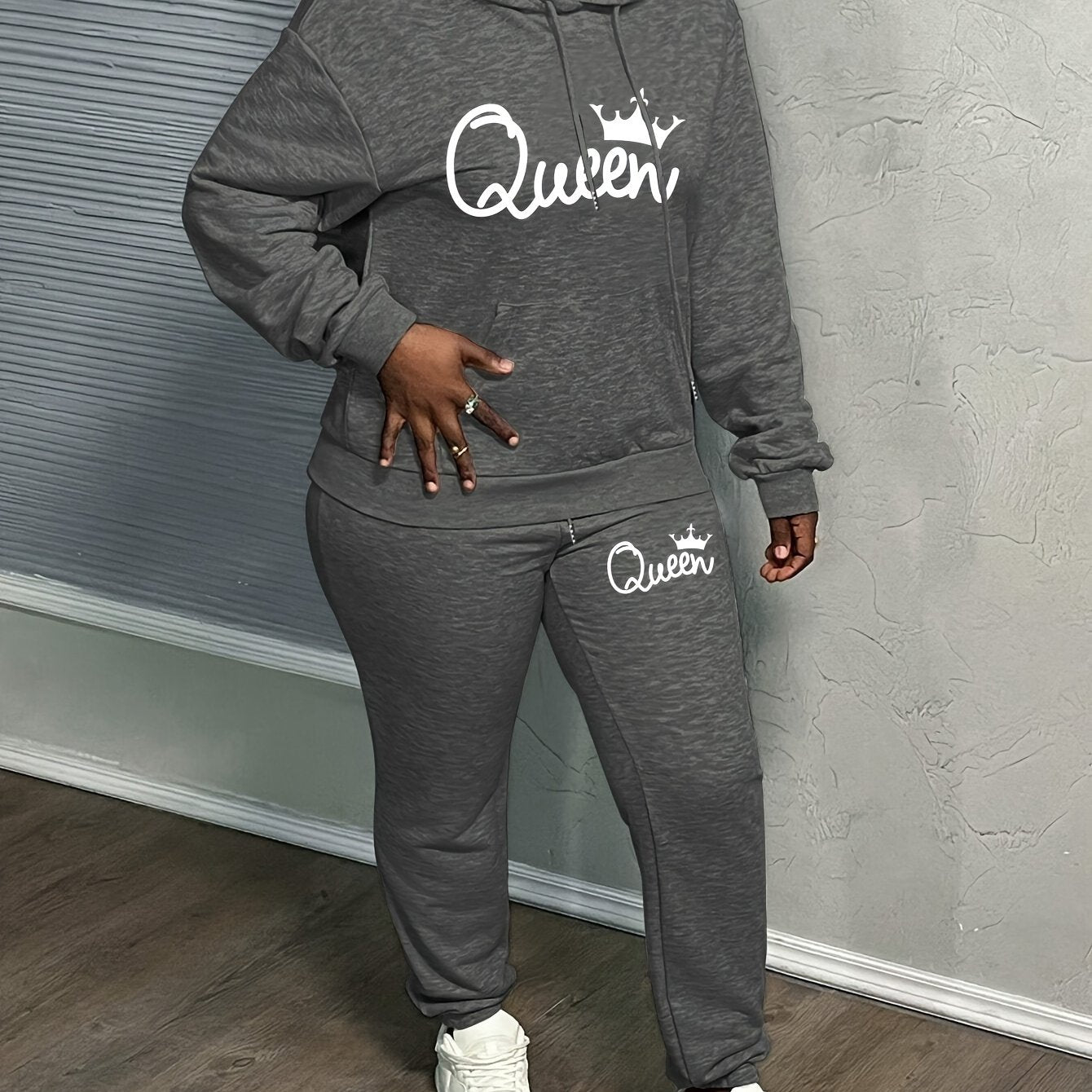 Letter Print Two Piece Hoodie And Pants Set Polyester Women