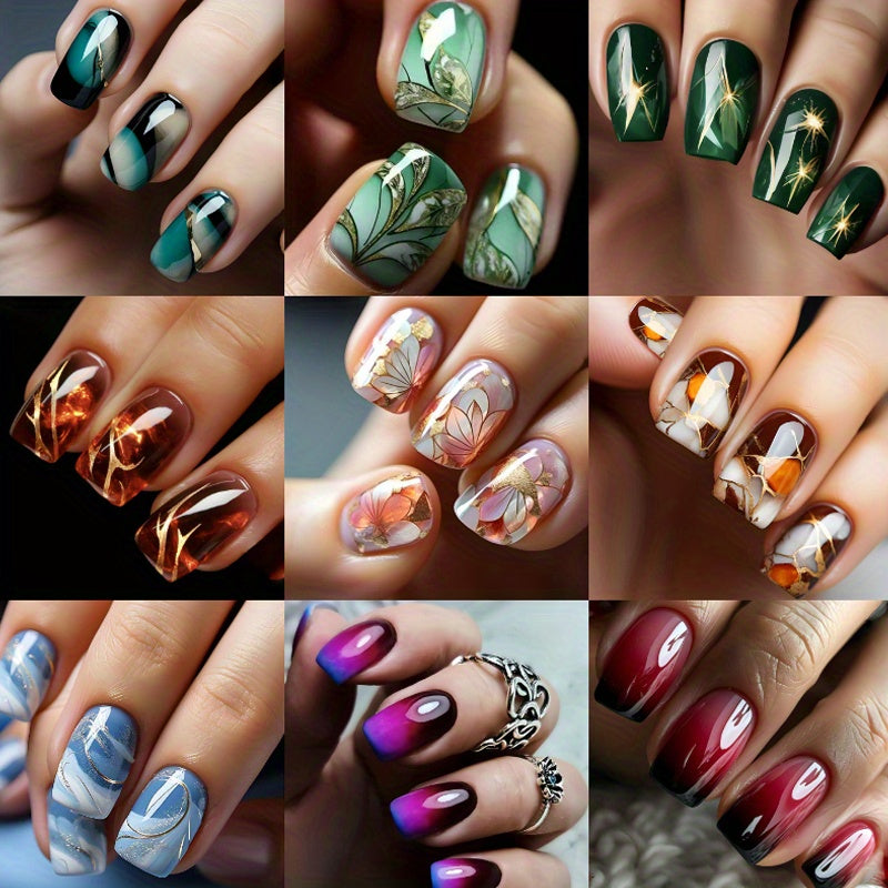 216pcs (9PACK)Pressing Nail Set - Medium Square, Glossy Surface, Striped and Gradient Design, Available in Brown, Blue, Purple Colors - Reusable Fake Nails, Suitable for Fashionable Nail Art Matching