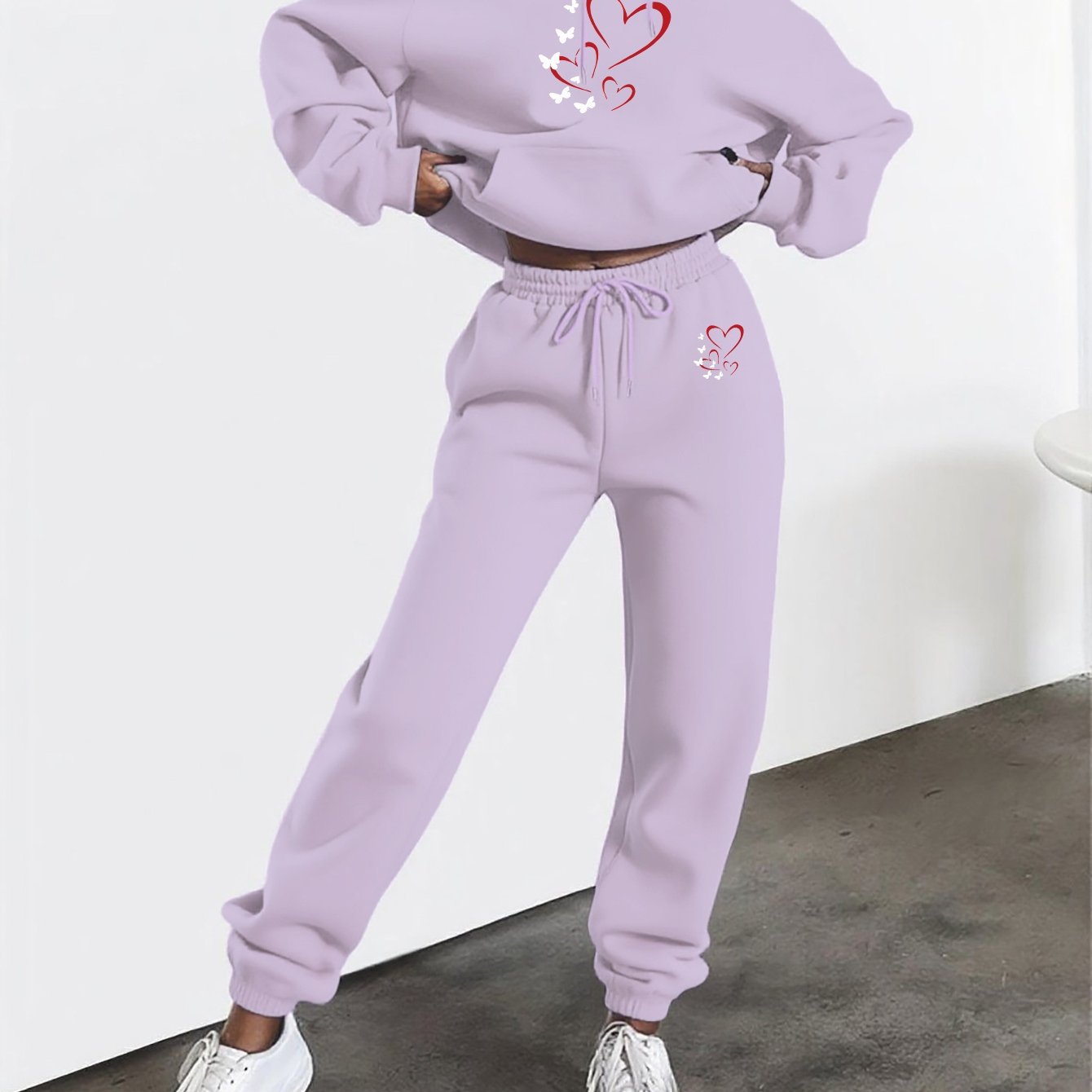 Heart And Butterfly Print Hooded Sweatshirt And Pants Set