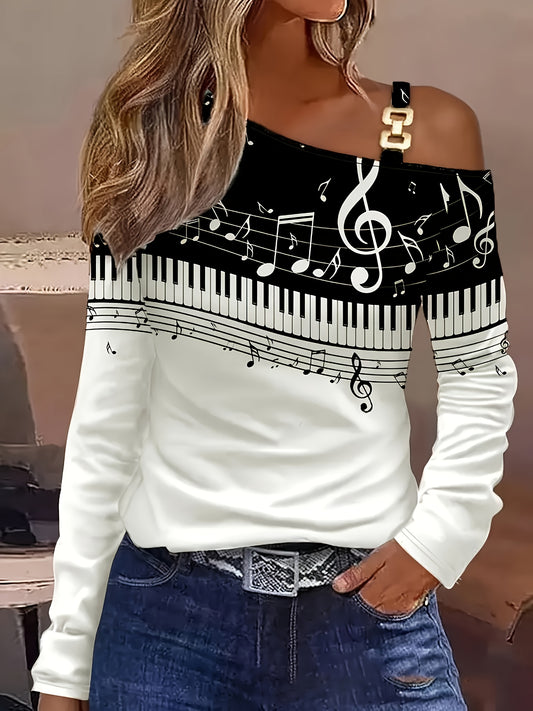 Womens Off Shoulder Shirt With Geometric Music Note Print